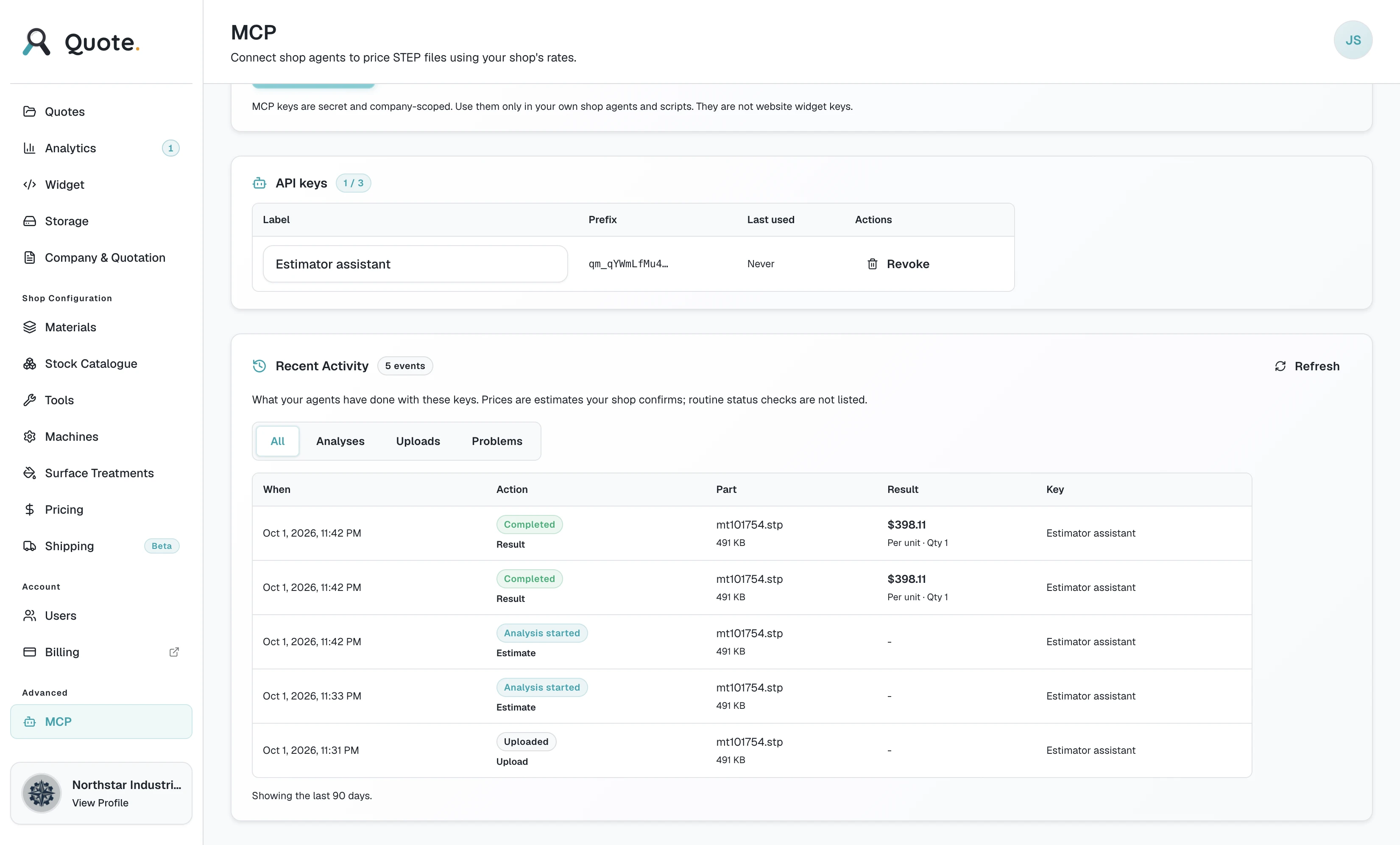 Asytra Quote MCP page showing an API keys table and a Recent Activity feed with a completed analysis, an earlier analysis, and an upload