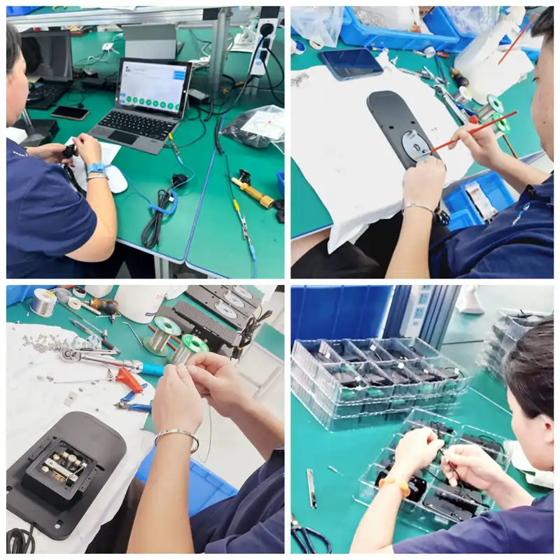 Operators performing product assembly with digital work instructions on the factory floor