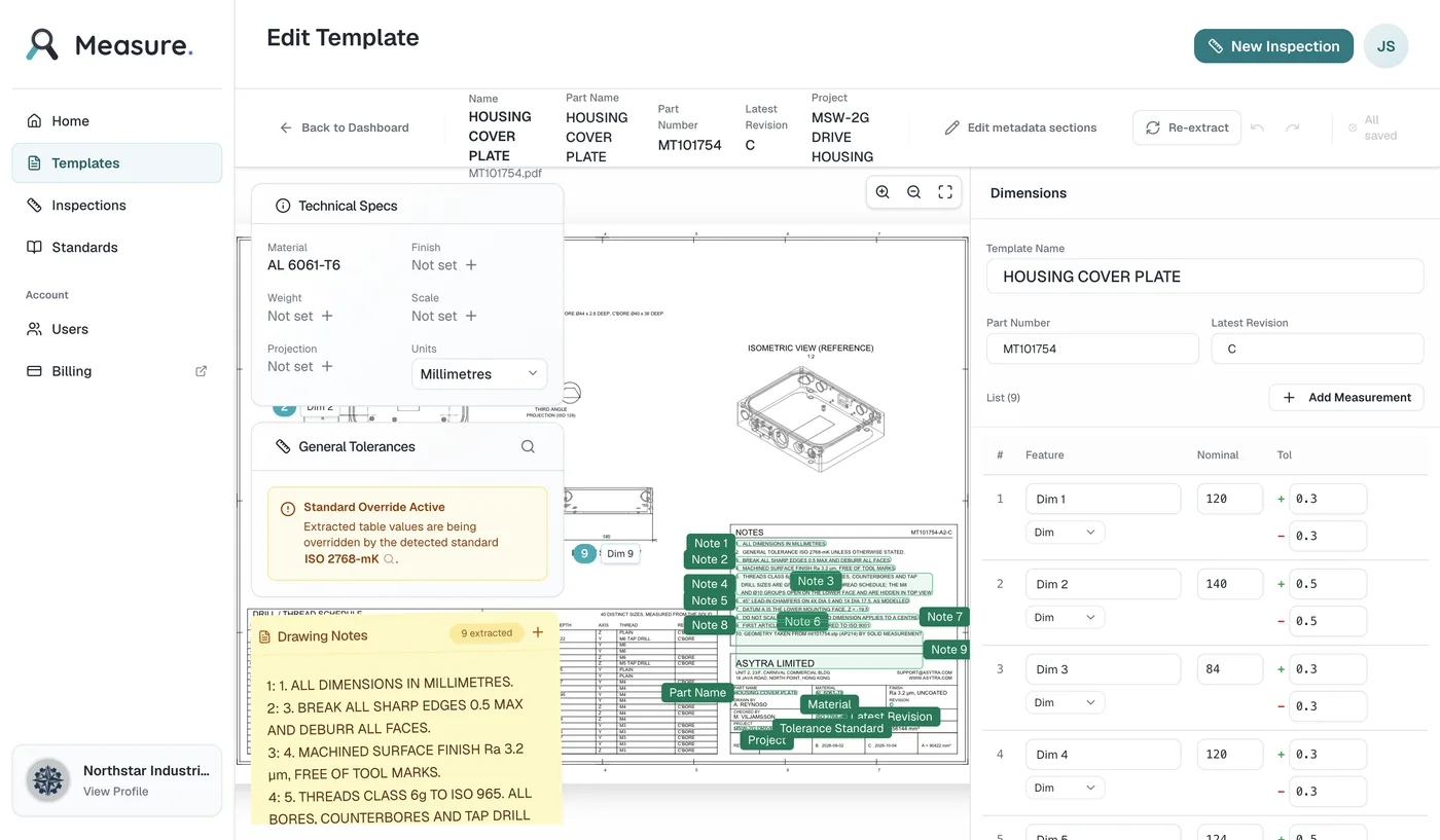 The template editor for part MT101754 after analysis, showing numbered balloons placed on the drawing and the dimensions table on the right with a nominal value and a tolerance for each extracted characteristic