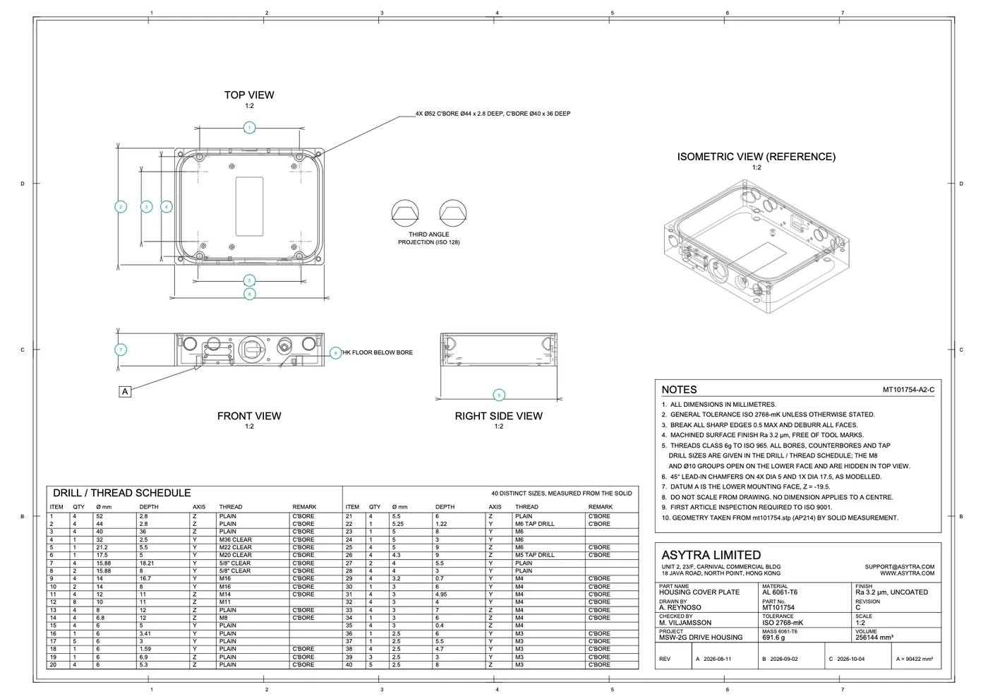 An exported ballooned drawing for part MT101754, showing the top, front, and right side views with balloons 1 through 9 placed on the dimensioned features, alongside the drawing notes and title block