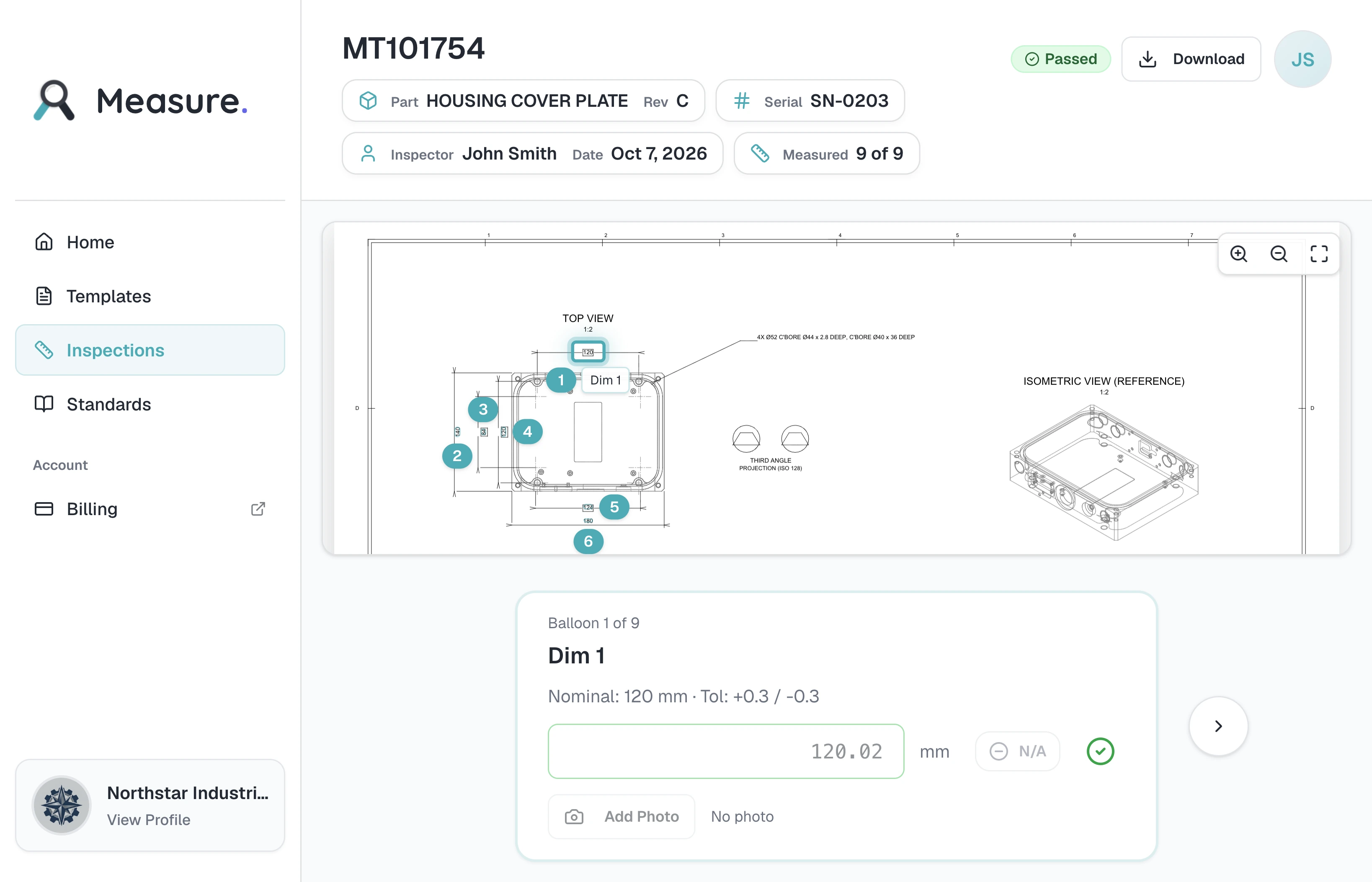 The Measure app showing an inspection of a housing cover plate: a dimensioned drawing with nine numbered balloons, the part and serial details, and the measured value 120.02 mm recorded against balloon 1