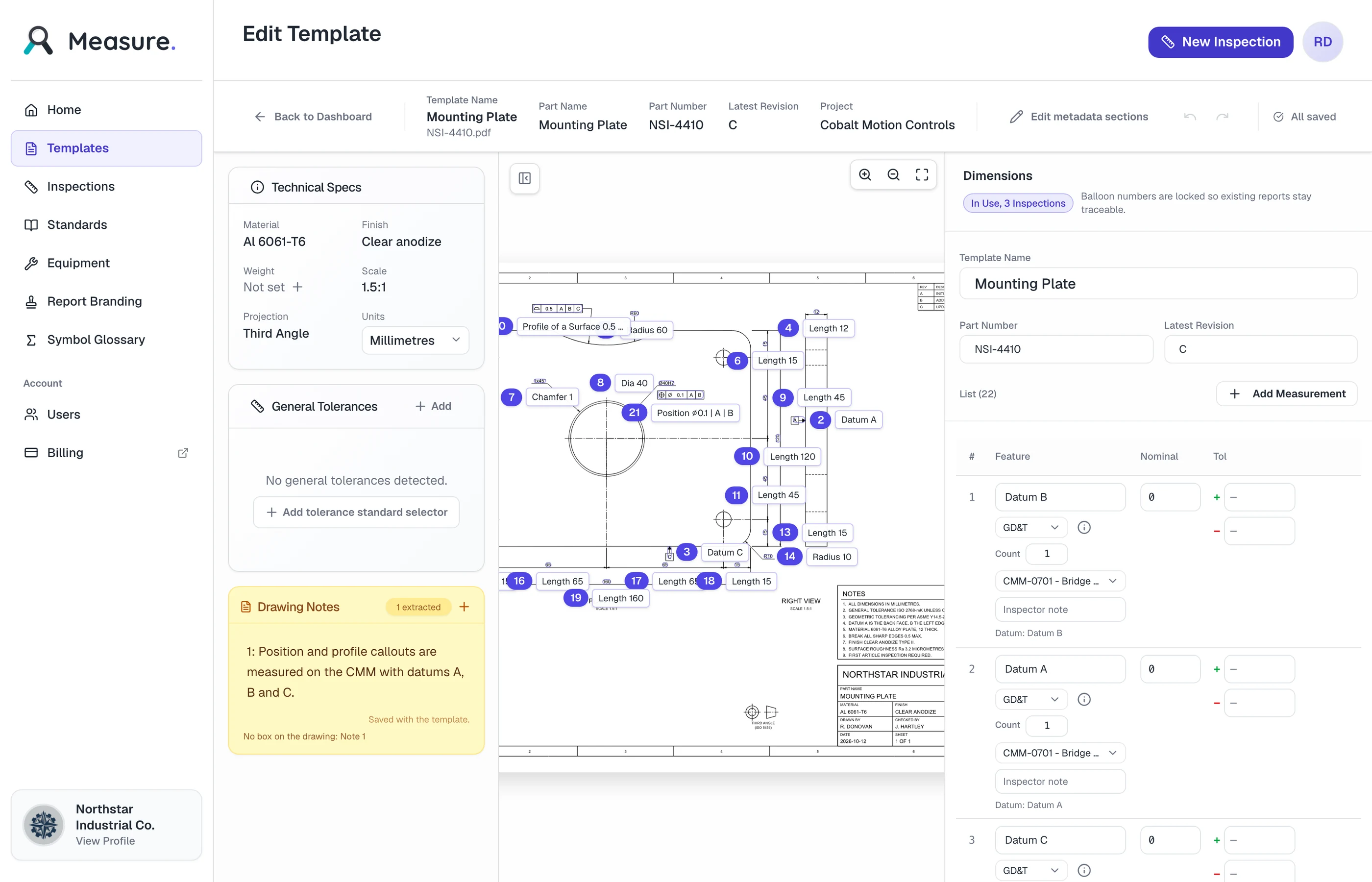 Measure template editor listing datums and a position callout read from a drawing, each with its GD&T type