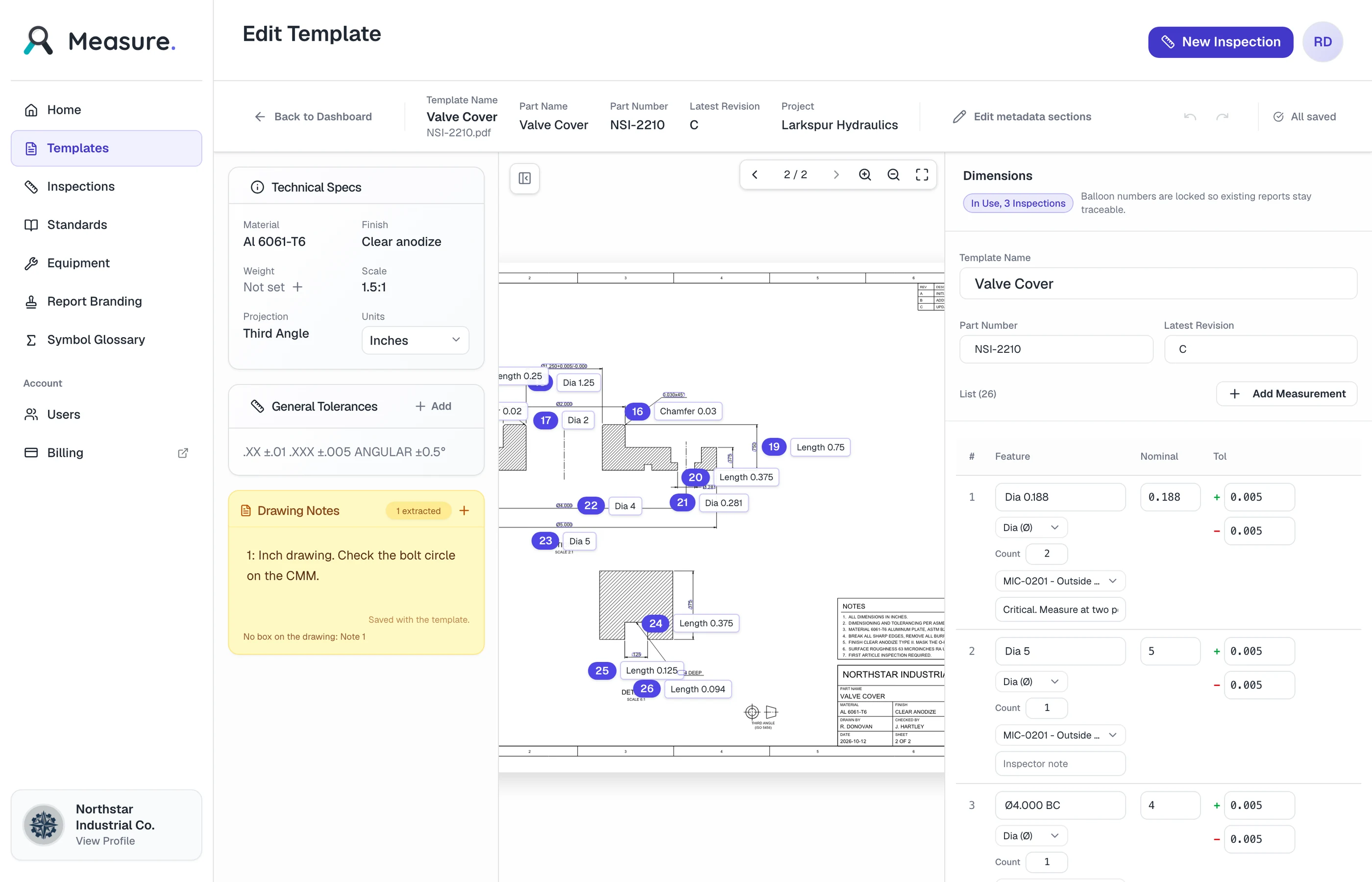 Measure template editor for an inch drawing with two pages, general tolerances, and drawing notes saved with the template