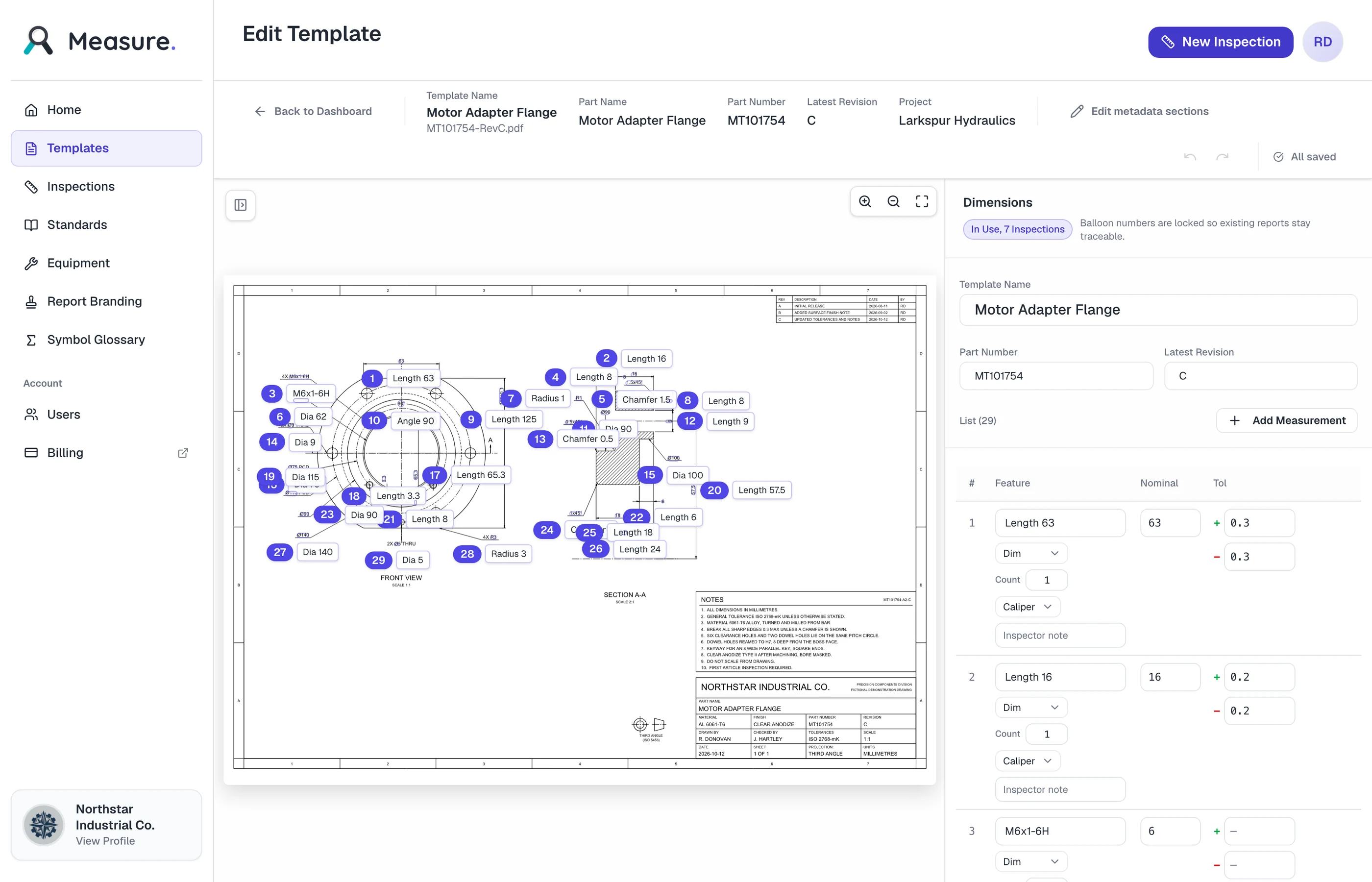 Measure template editor with a drawing fully ballooned and each characteristic labelled