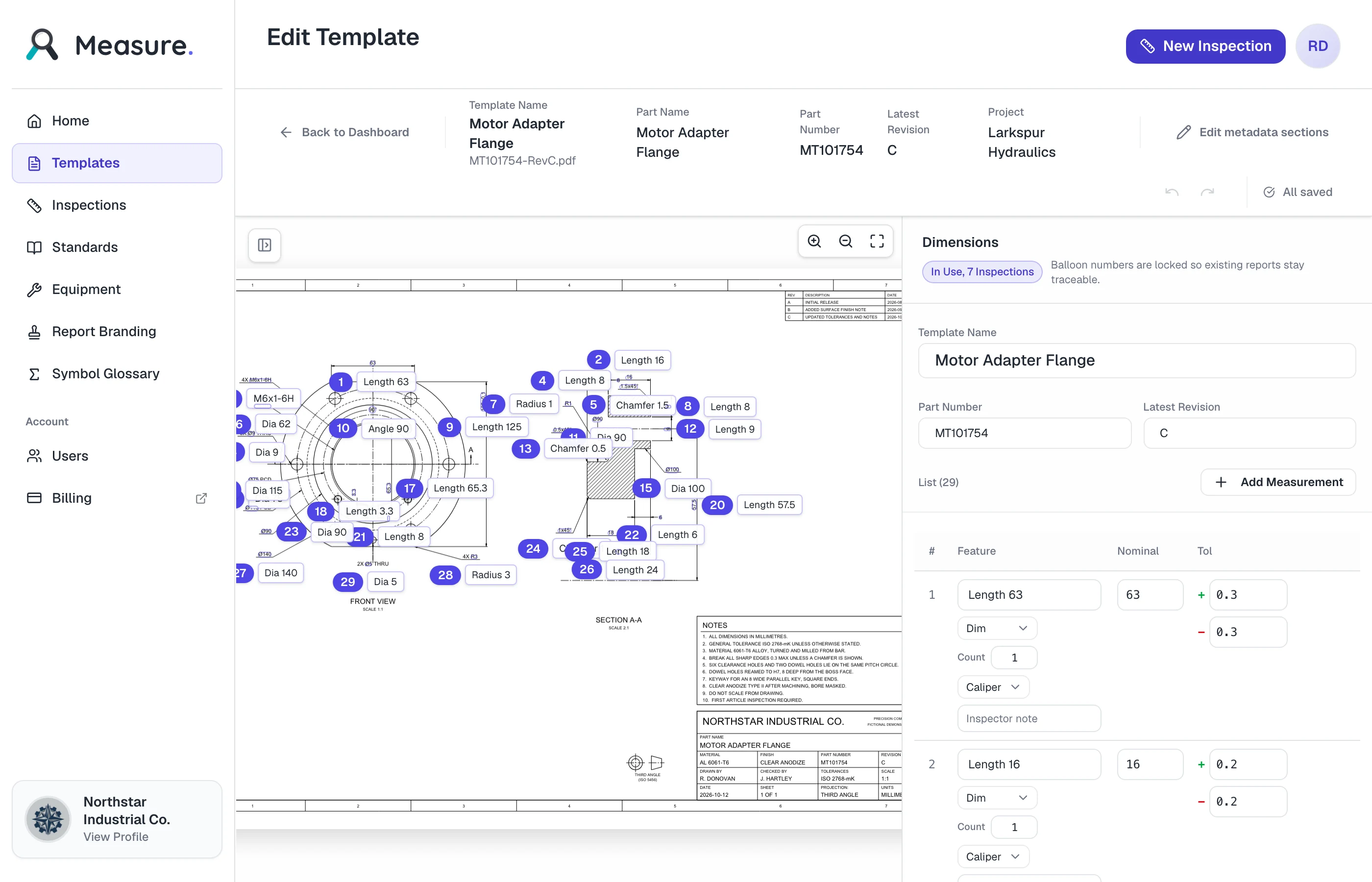 Measure template editor with a ballooned drawing beside the list of extracted characteristics, their nominals, and tolerances