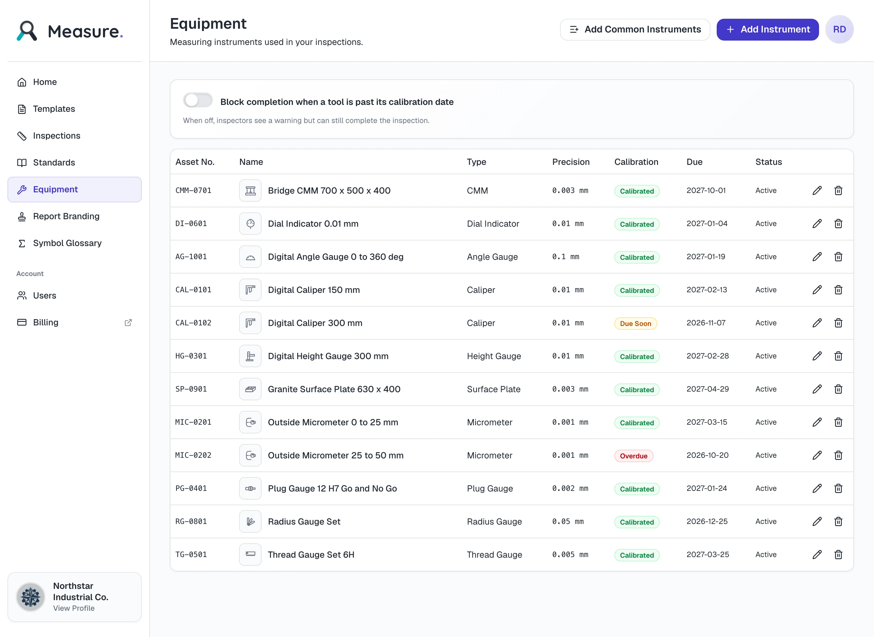 Measure equipment register listing instruments with type, precision, calibration status, and due date