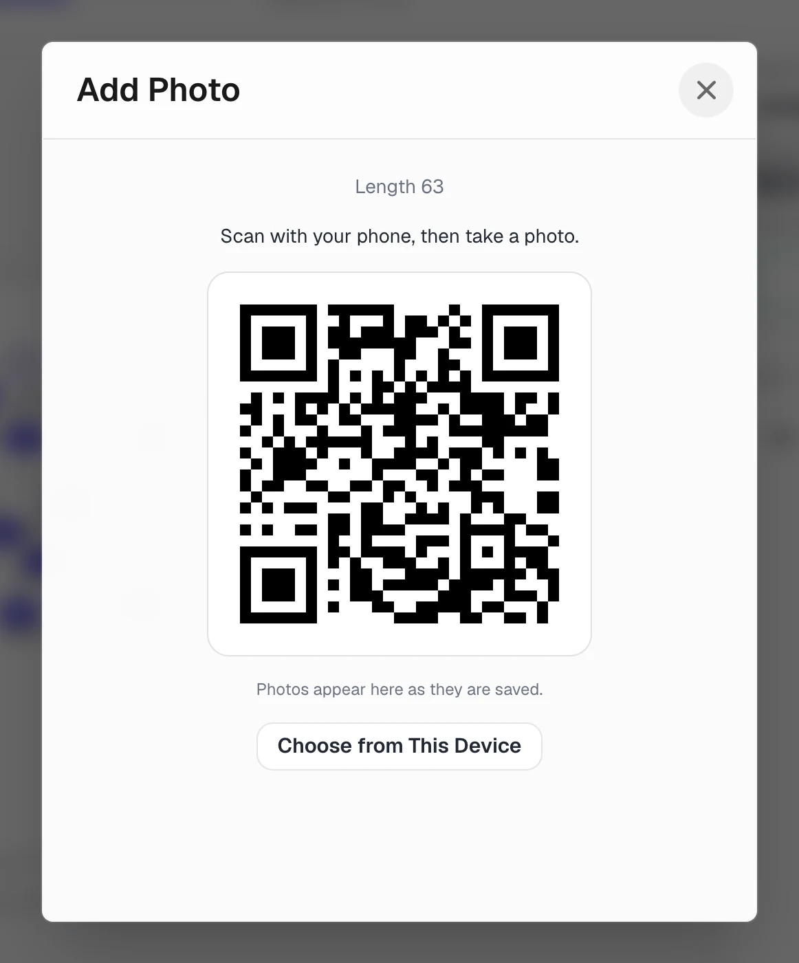 Measure Add Photo dialog showing a QR code to scan with a phone