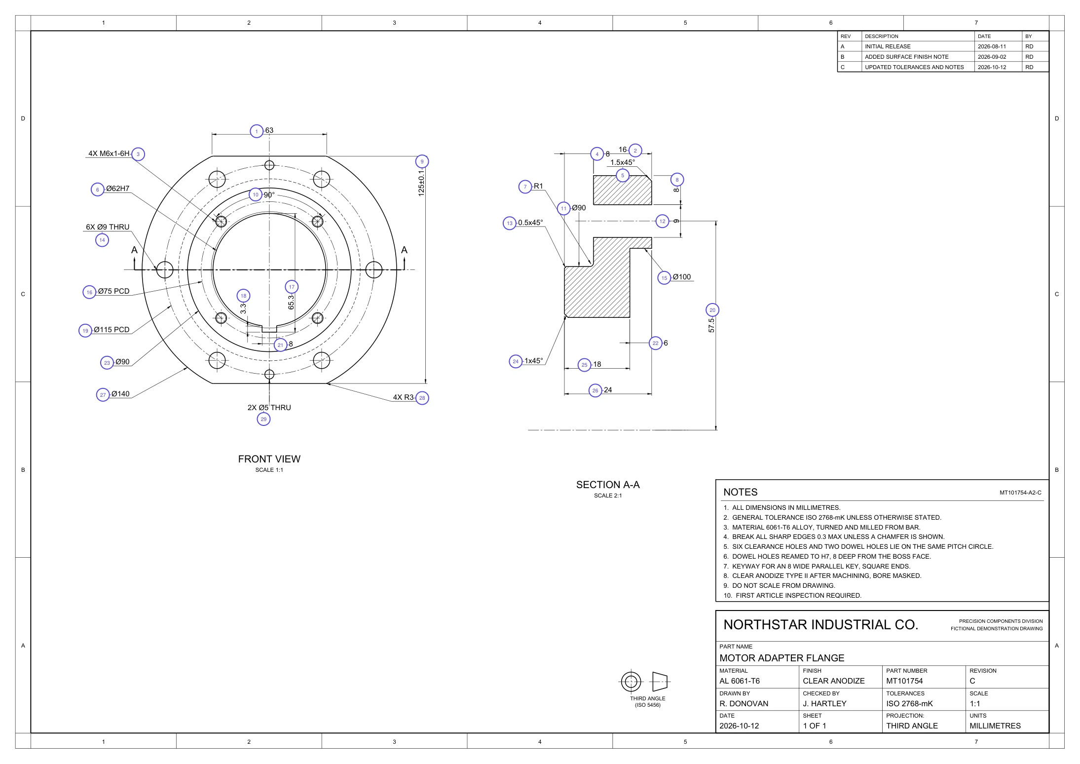 The drawing exported as a PDF with a numbered balloon on every characteristic