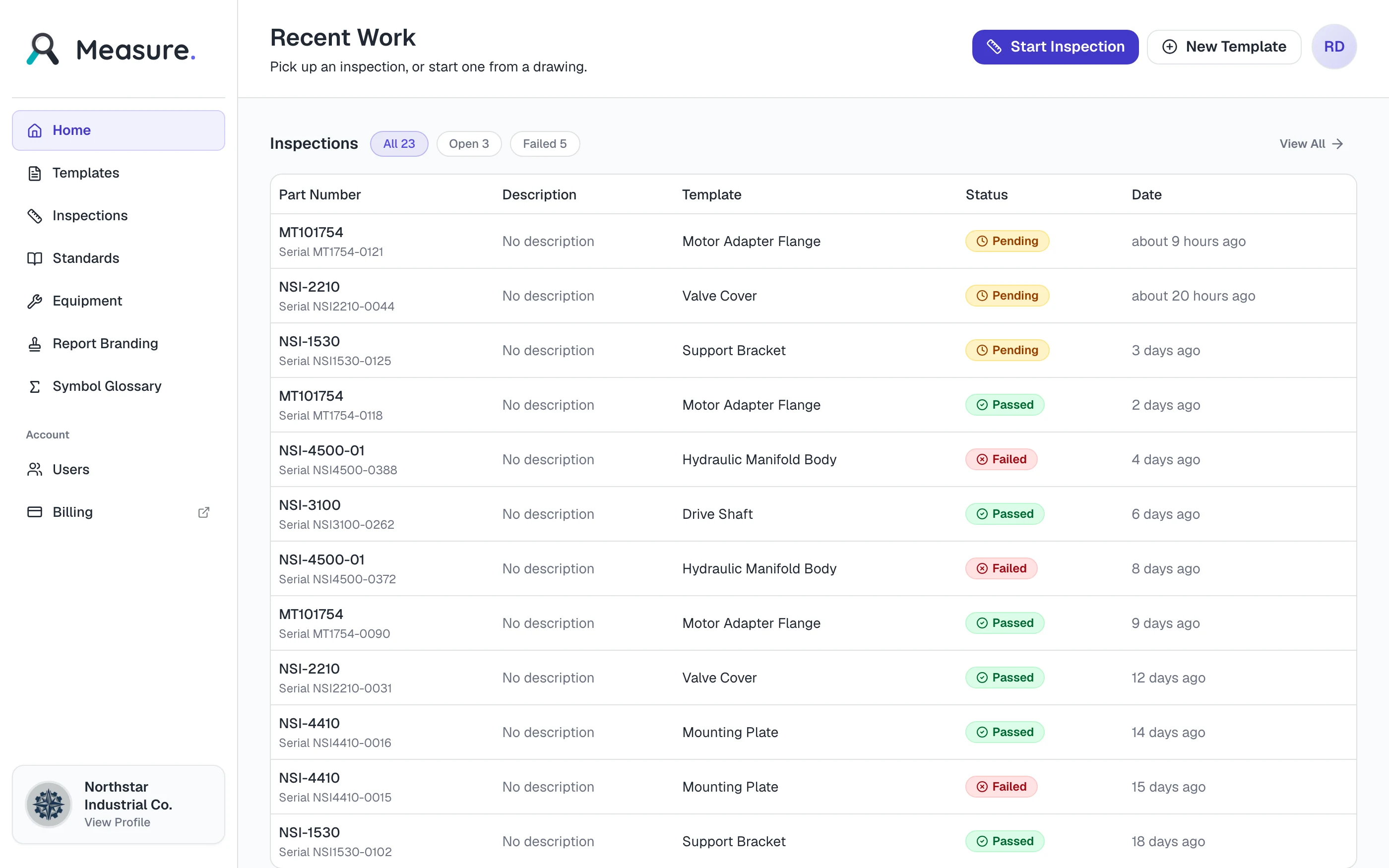 Measure Recent Work screen listing recent inspections with Pending, Passed, and Failed status