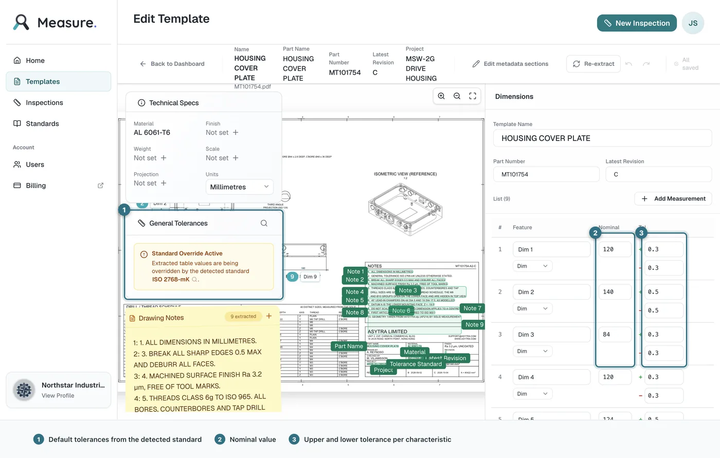 The template editor for part MT101754, labelled to show the default tolerances taken from the detected standard, the nominal value column, and the upper and lower tolerance entered for each characteristic