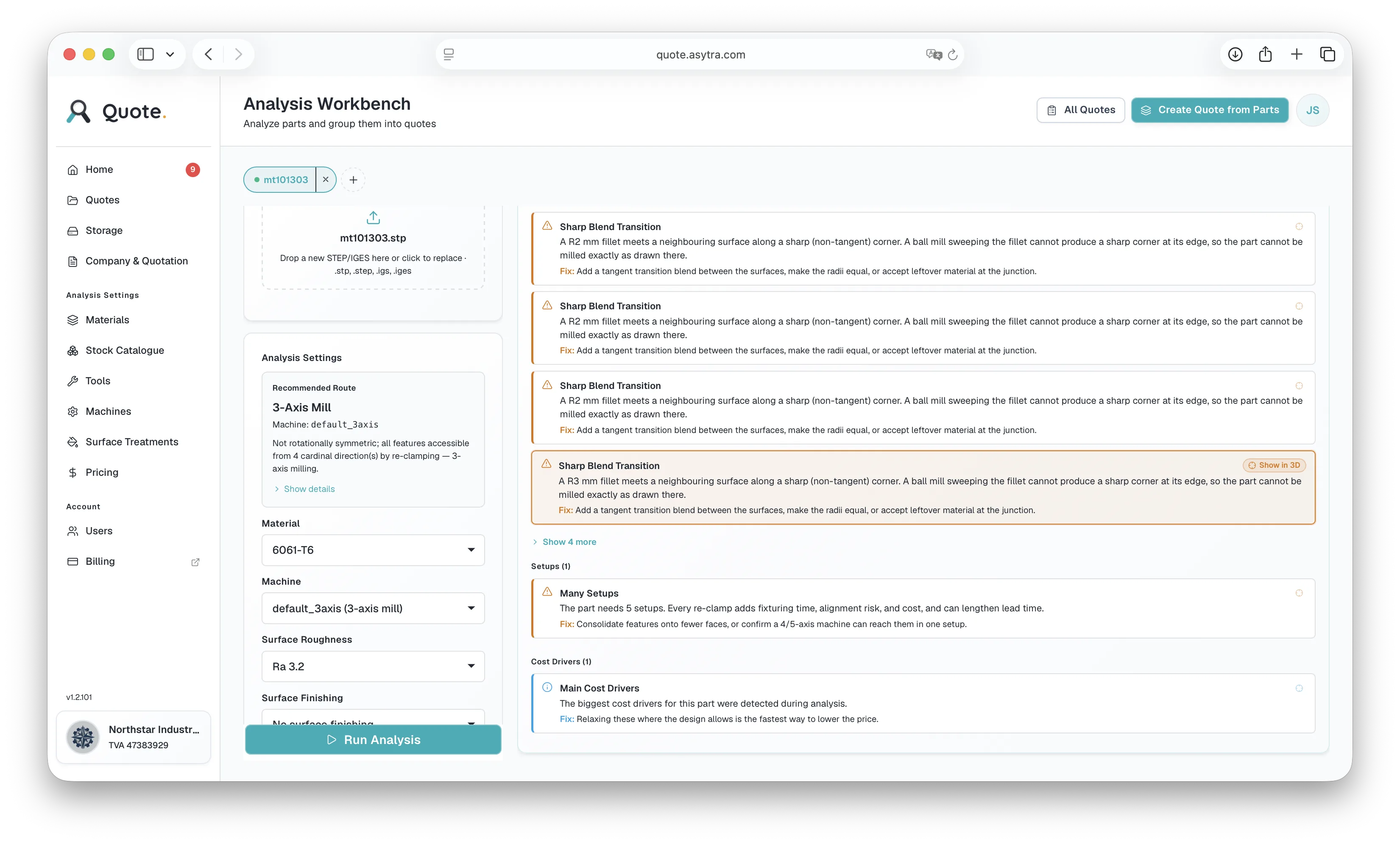 Quote DFM panel with design issues, setup warnings, cost drivers, and Show in 3D actions