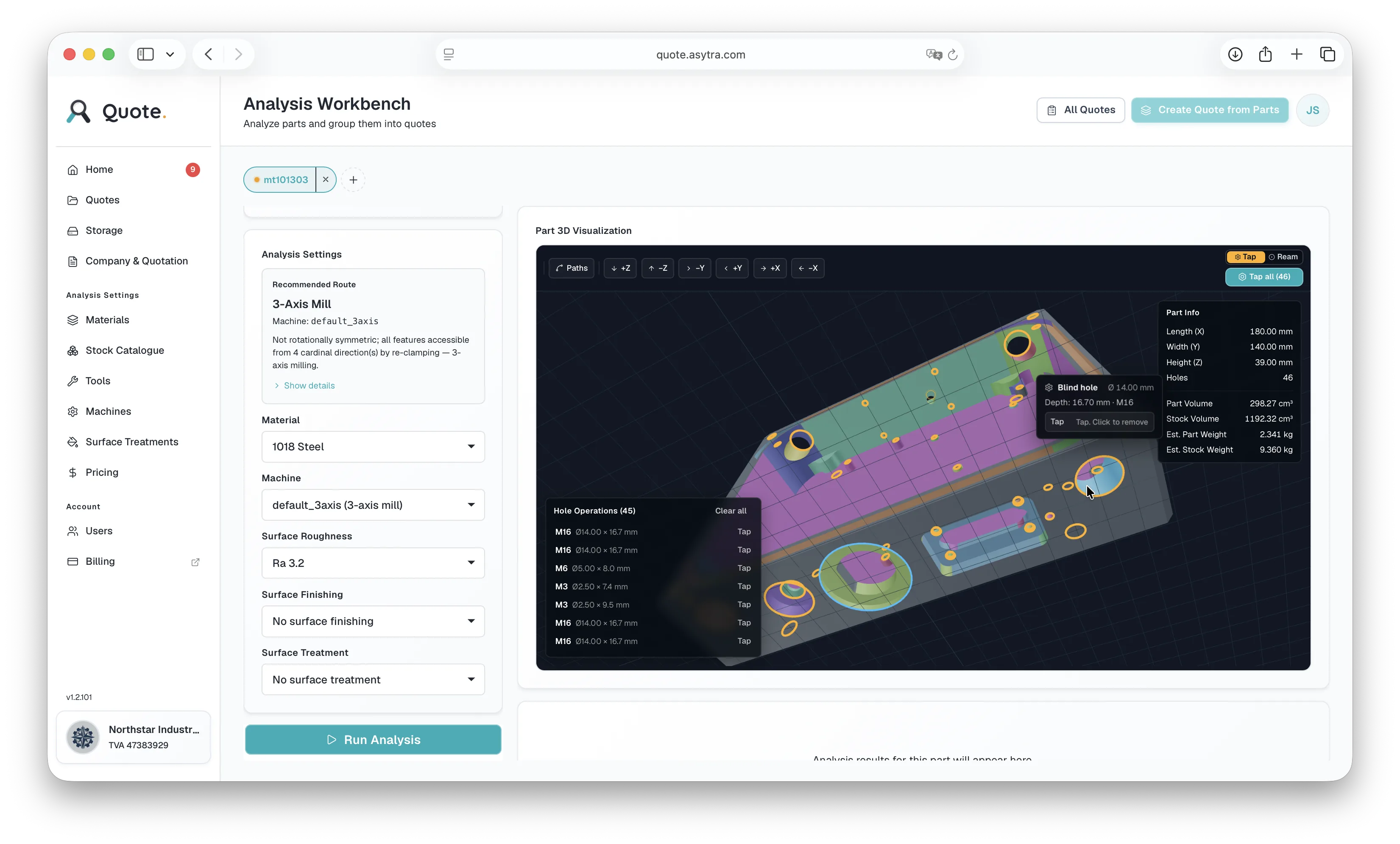 Quote analysis workbench with a machined part in 3D view and its detected holes highlighted