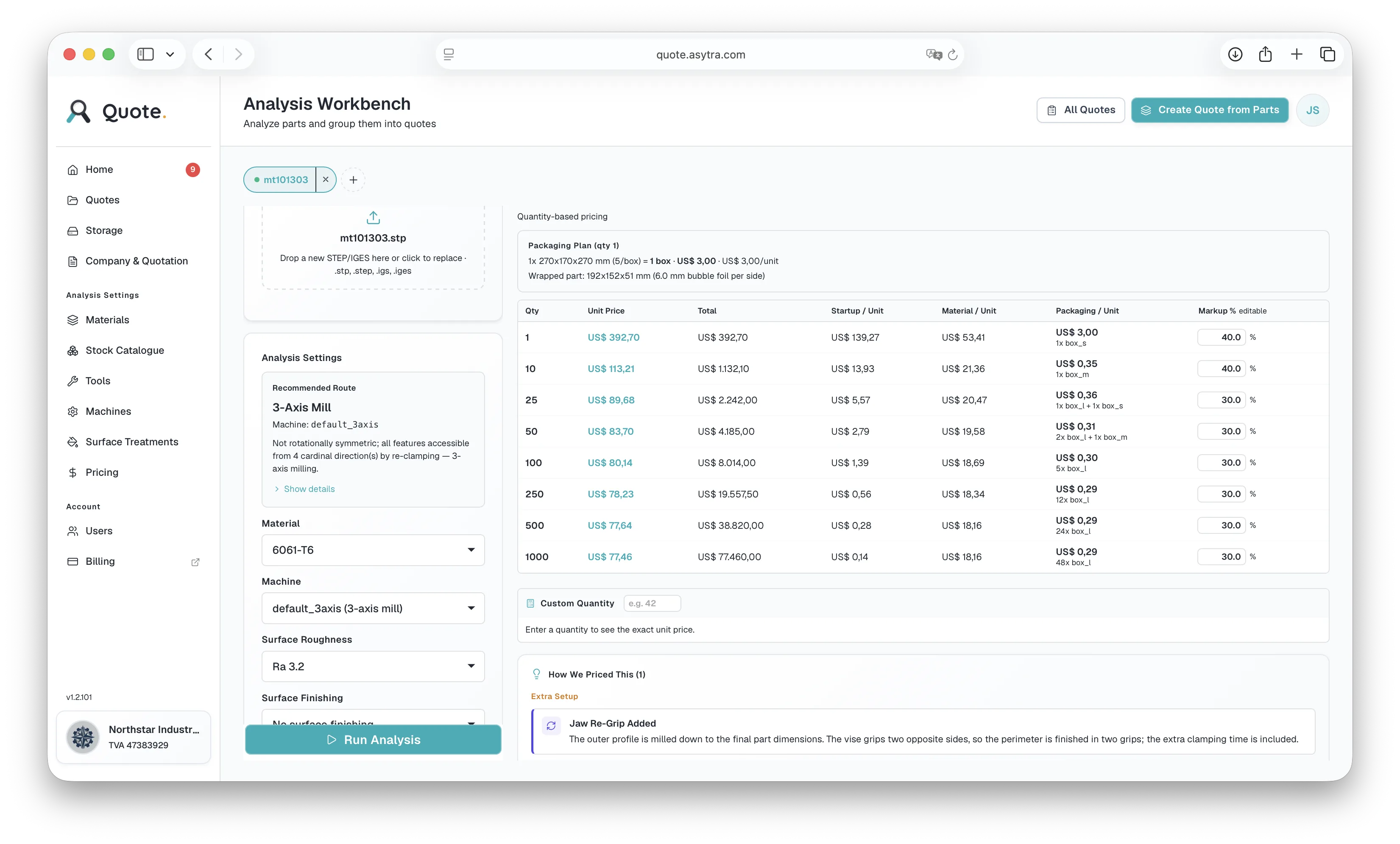 Quote quantity-based pricing table with packaging plan and cost transparency