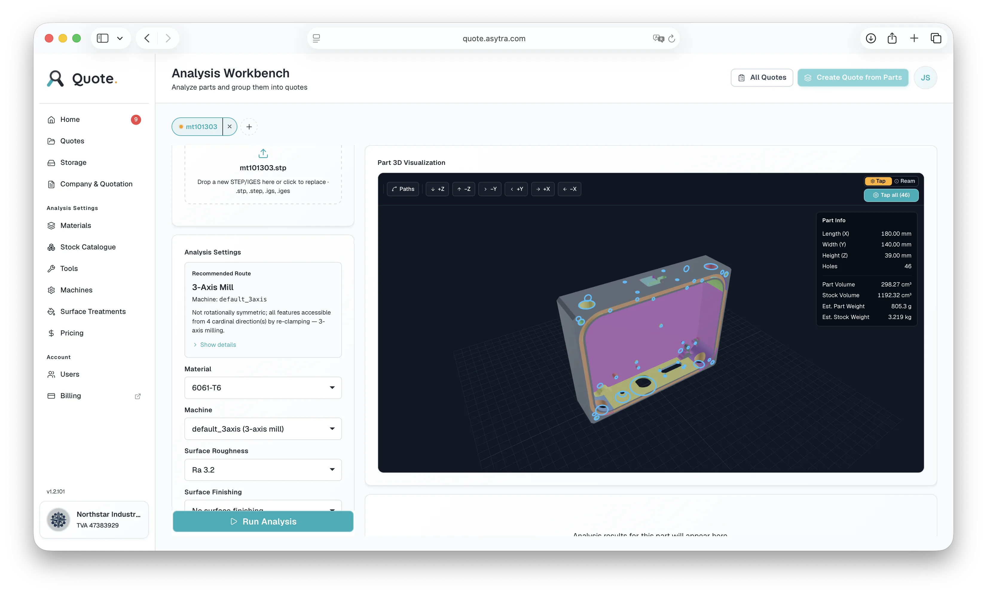 Quote analysis workbench with hole detection, recommended 3-axis mill route, and interactive 3D preview