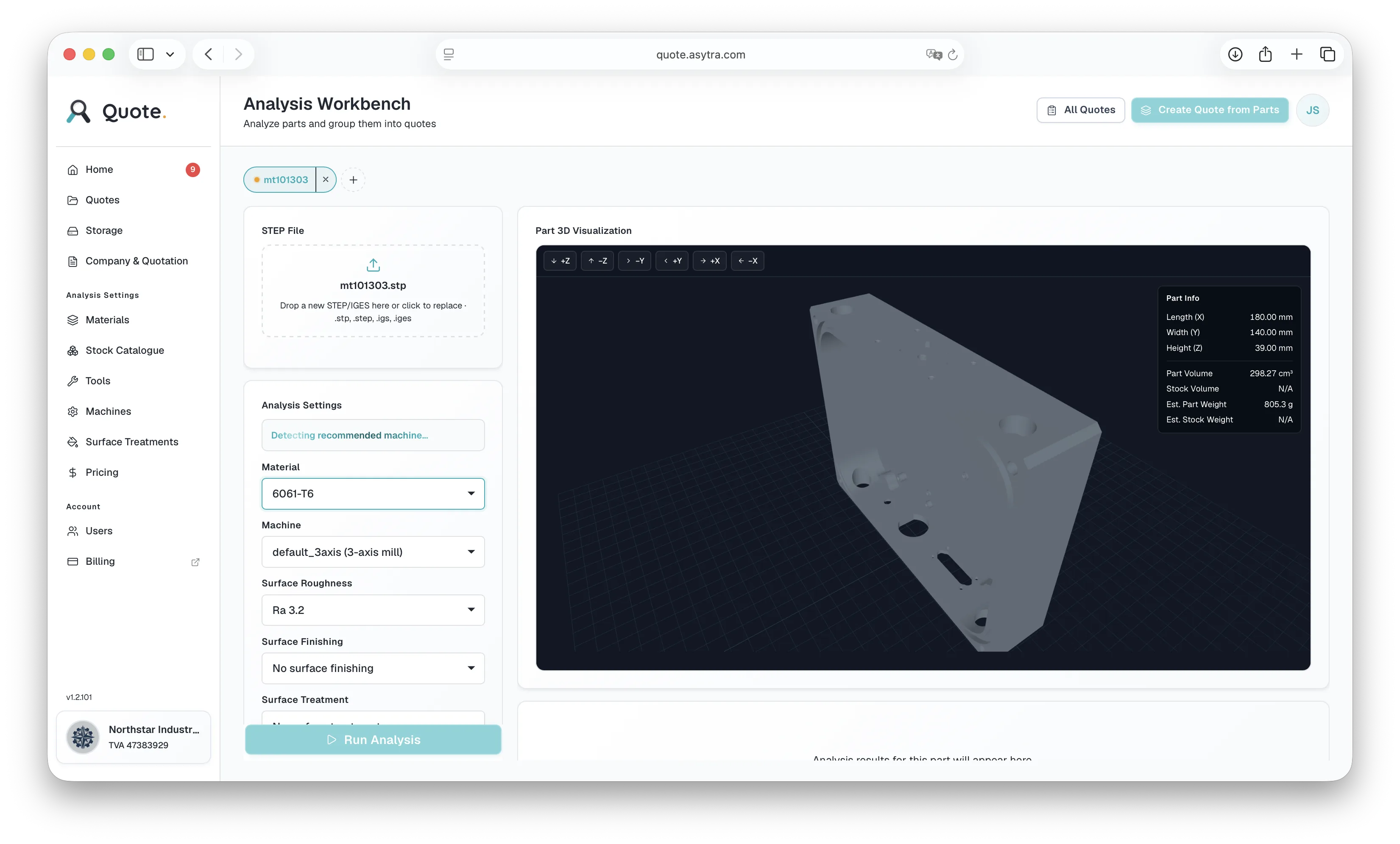 Quote analysis workbench with STEP upload, machine detection in progress, and 3D part preview
