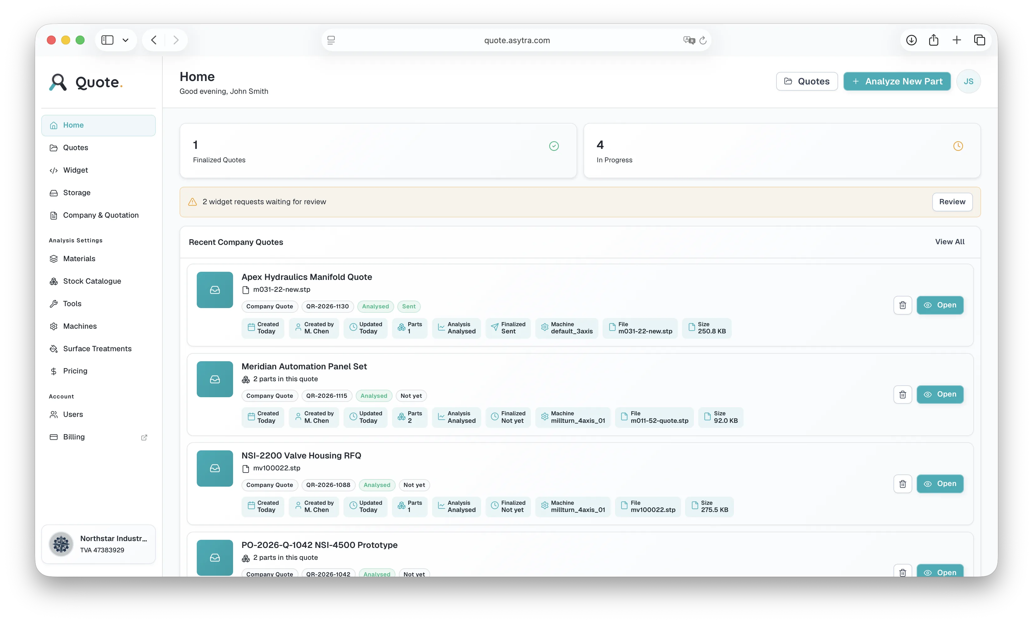 Quote Dashboard home with recent company quotes, widget request alerts, and summary stats