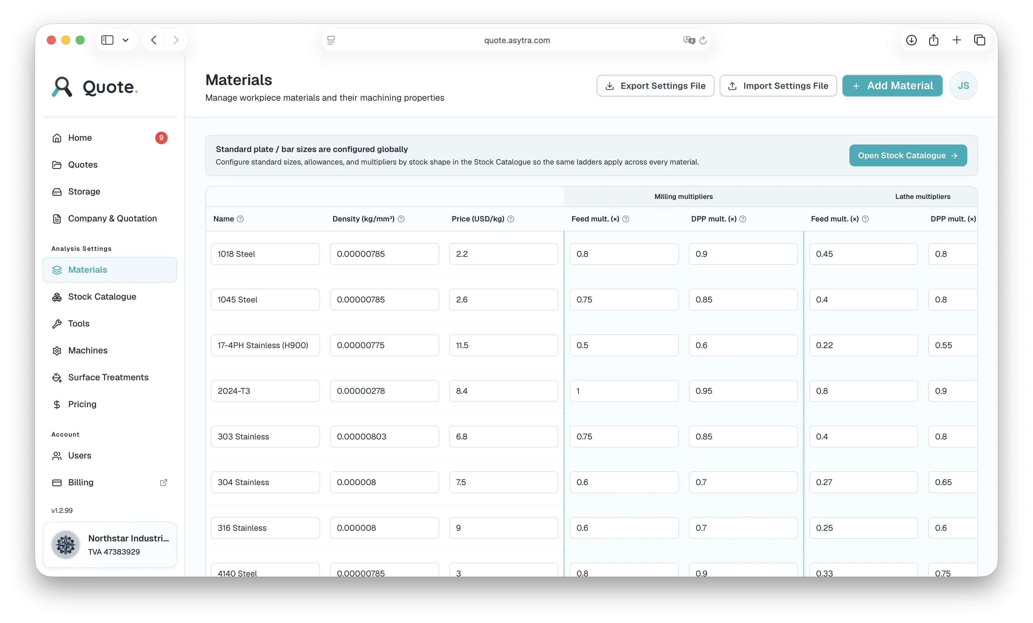 Quote materials admin with editable densities, prices, and feed multipliers
