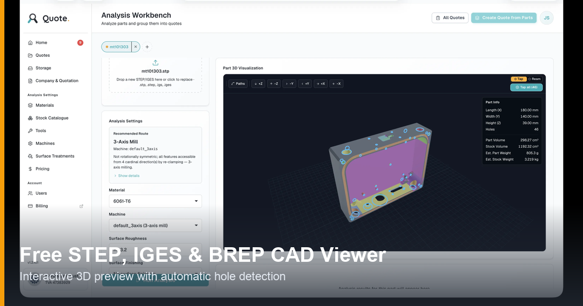 Asytra CAD viewer showing a STEP file with automatic hole detection and interactive 3D preview