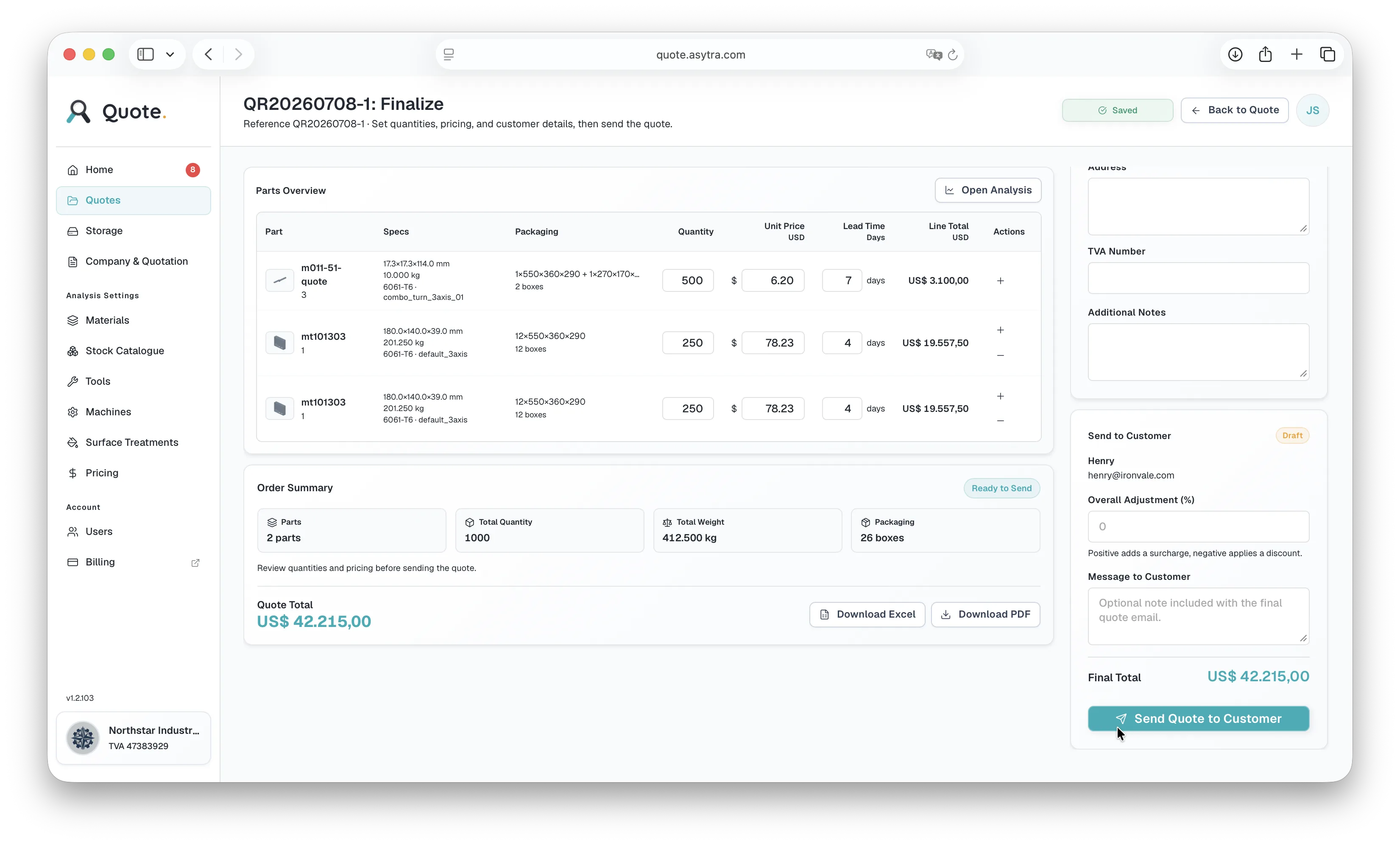 Quote Finalize screen with Send Quote to Customer button highlighted