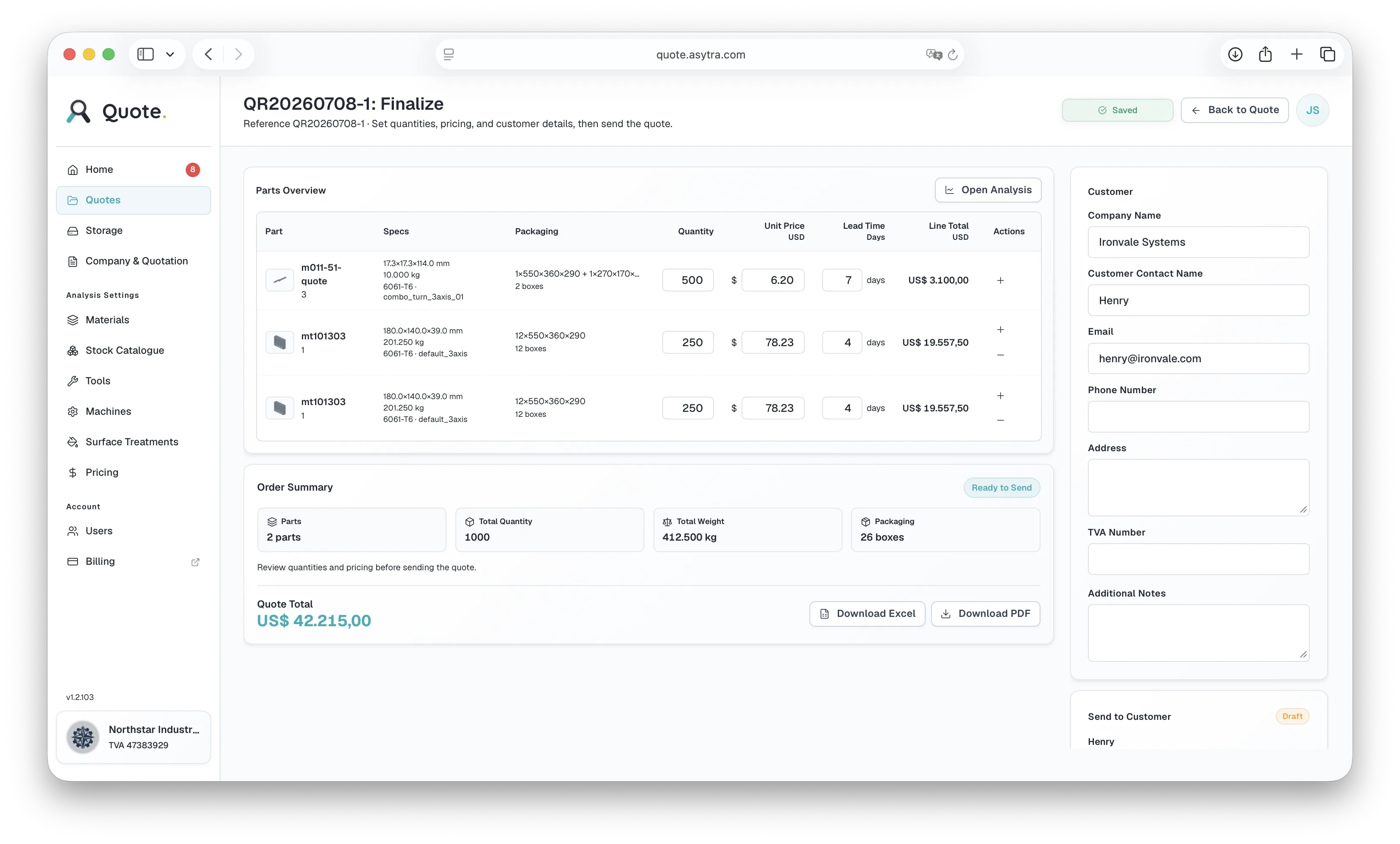 Quote finalize page with parts overview, order summary, and PDF export