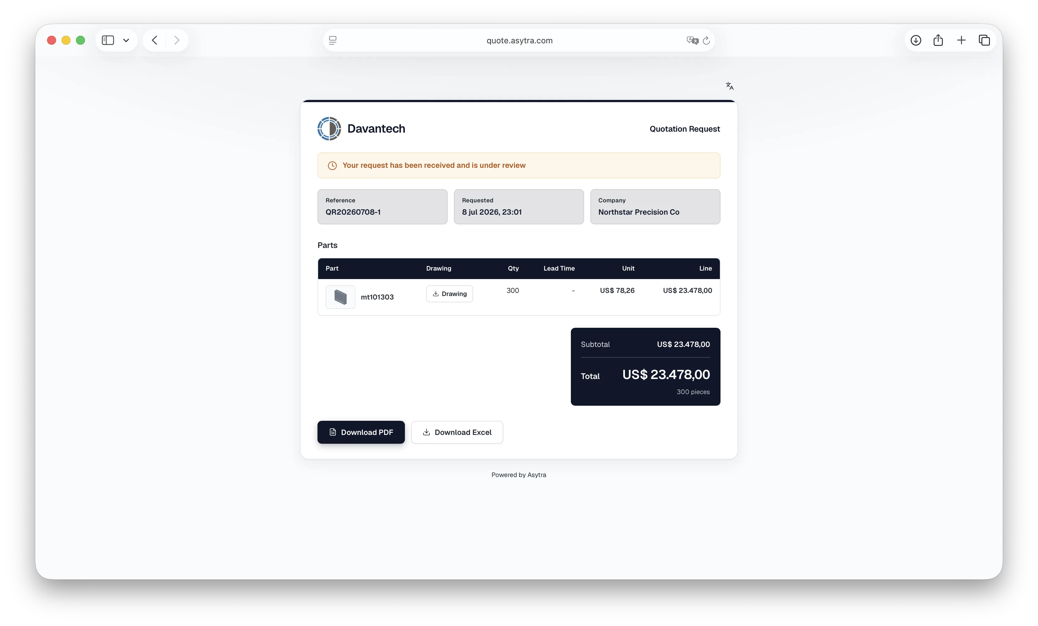 Customer quote tracking page opened from email link showing quote status and details