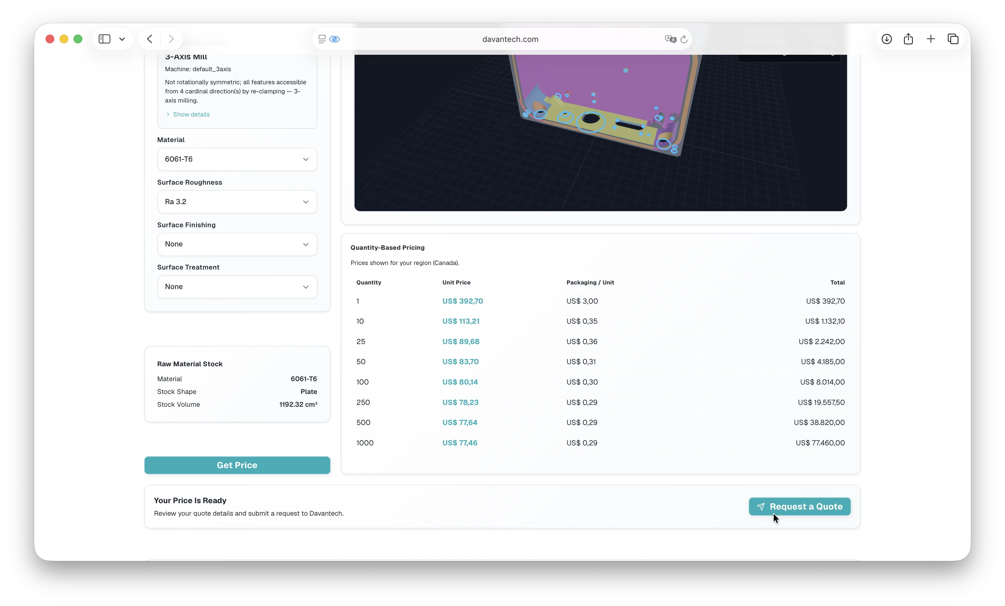 Quote Widget on a shop website with priced part, quantity tiers, and Request Quote action