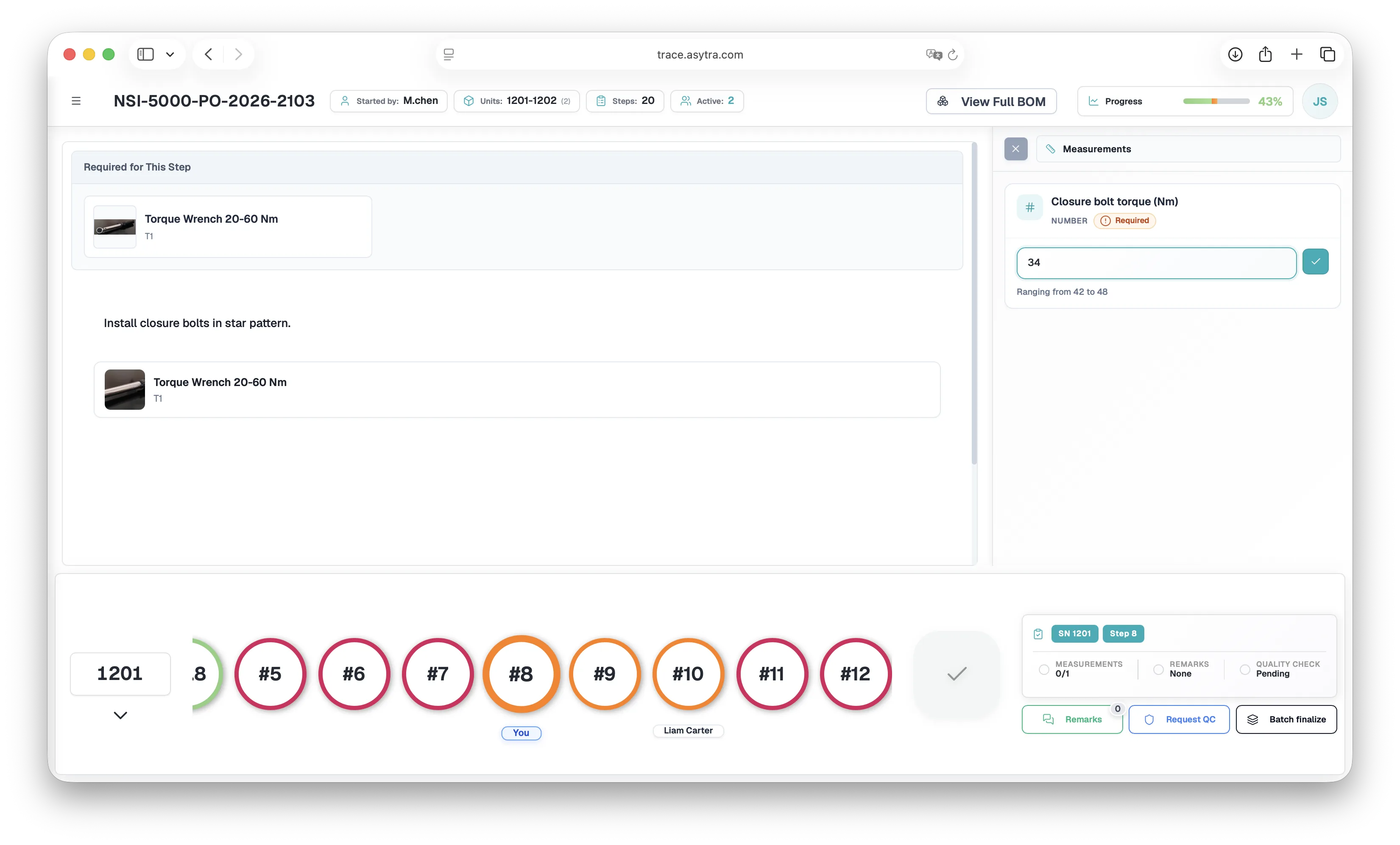 Trace assembler view with instruction-step guidance, torque measurements, operator collaboration, and serial number progress