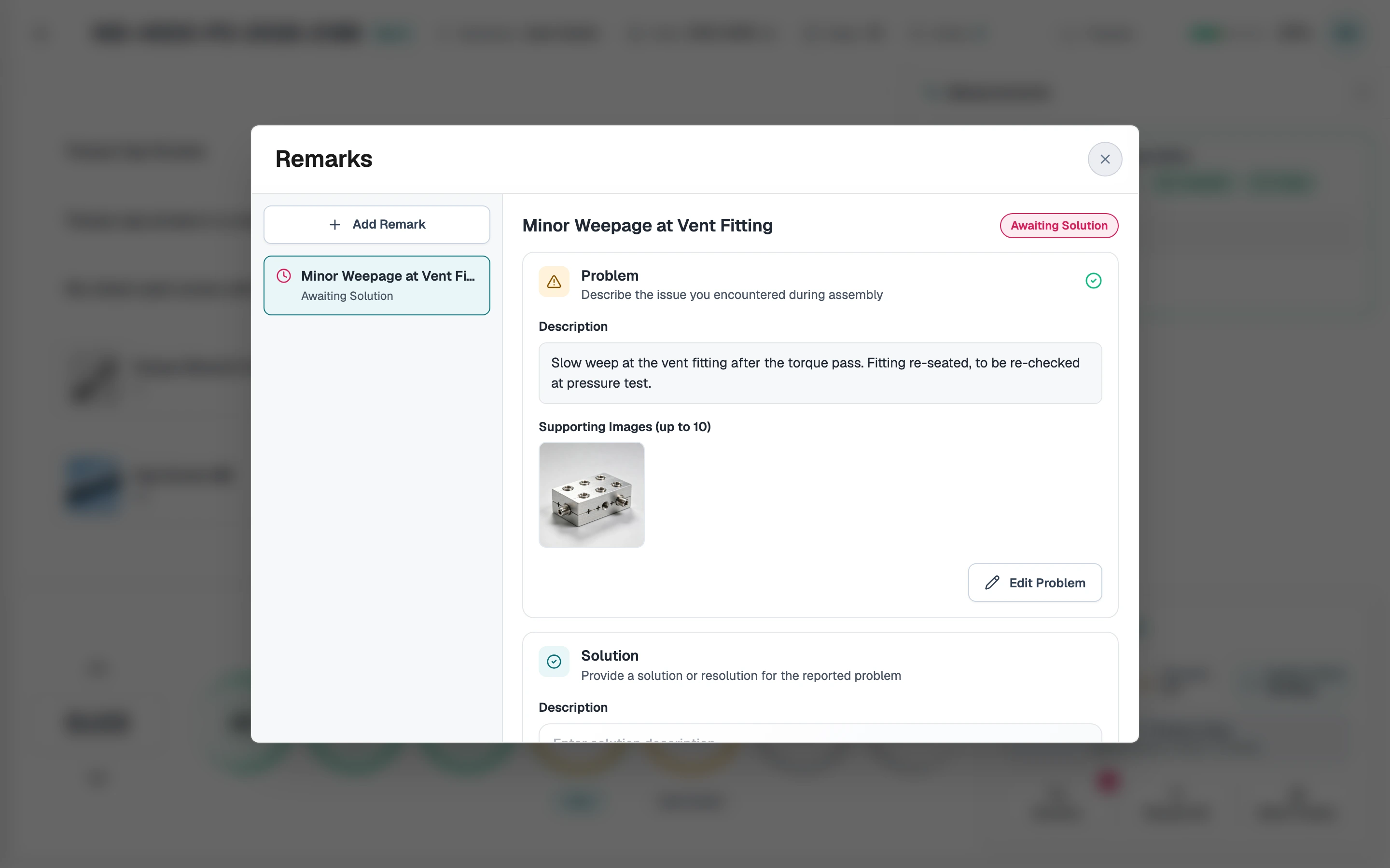 Trace problem report on a step with a description, a supporting photo, and an Awaiting Solution status