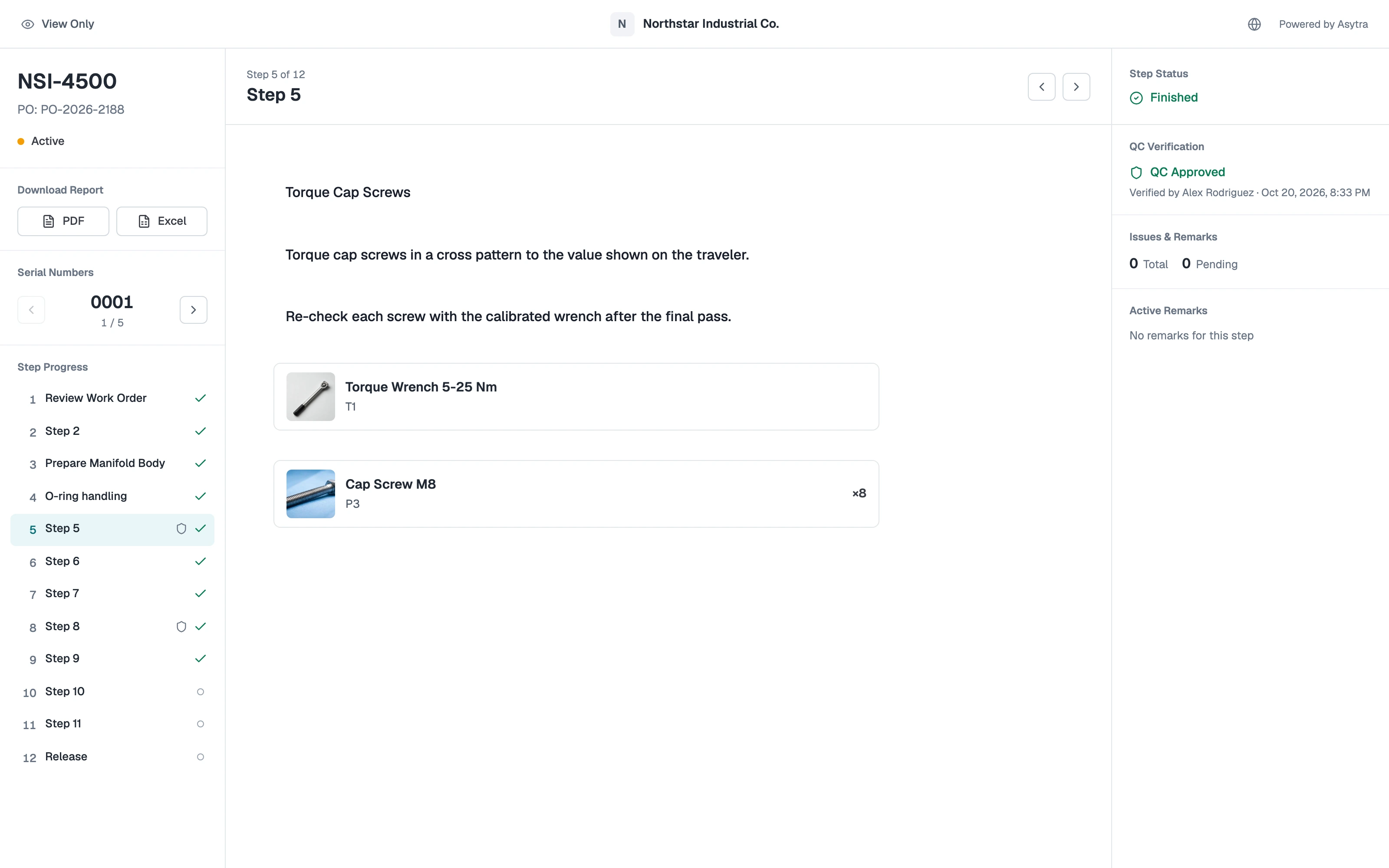 Trace customer view of an assembly in progress, showing serial numbers, step progress, an approved quality check, and remarks, read only