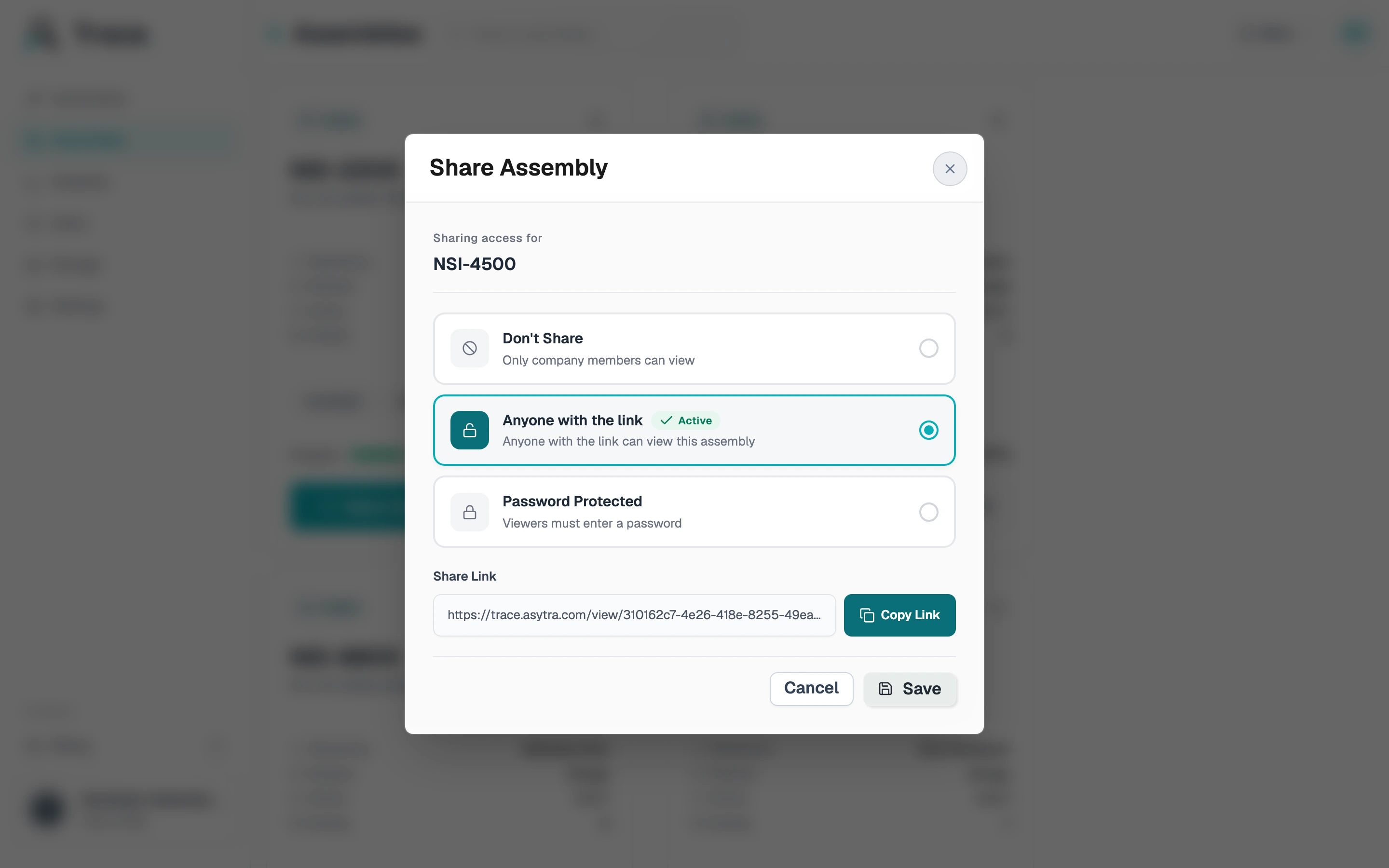 Trace Share Assembly dialog with the Anyone With the Link option selected and a Copy Link button