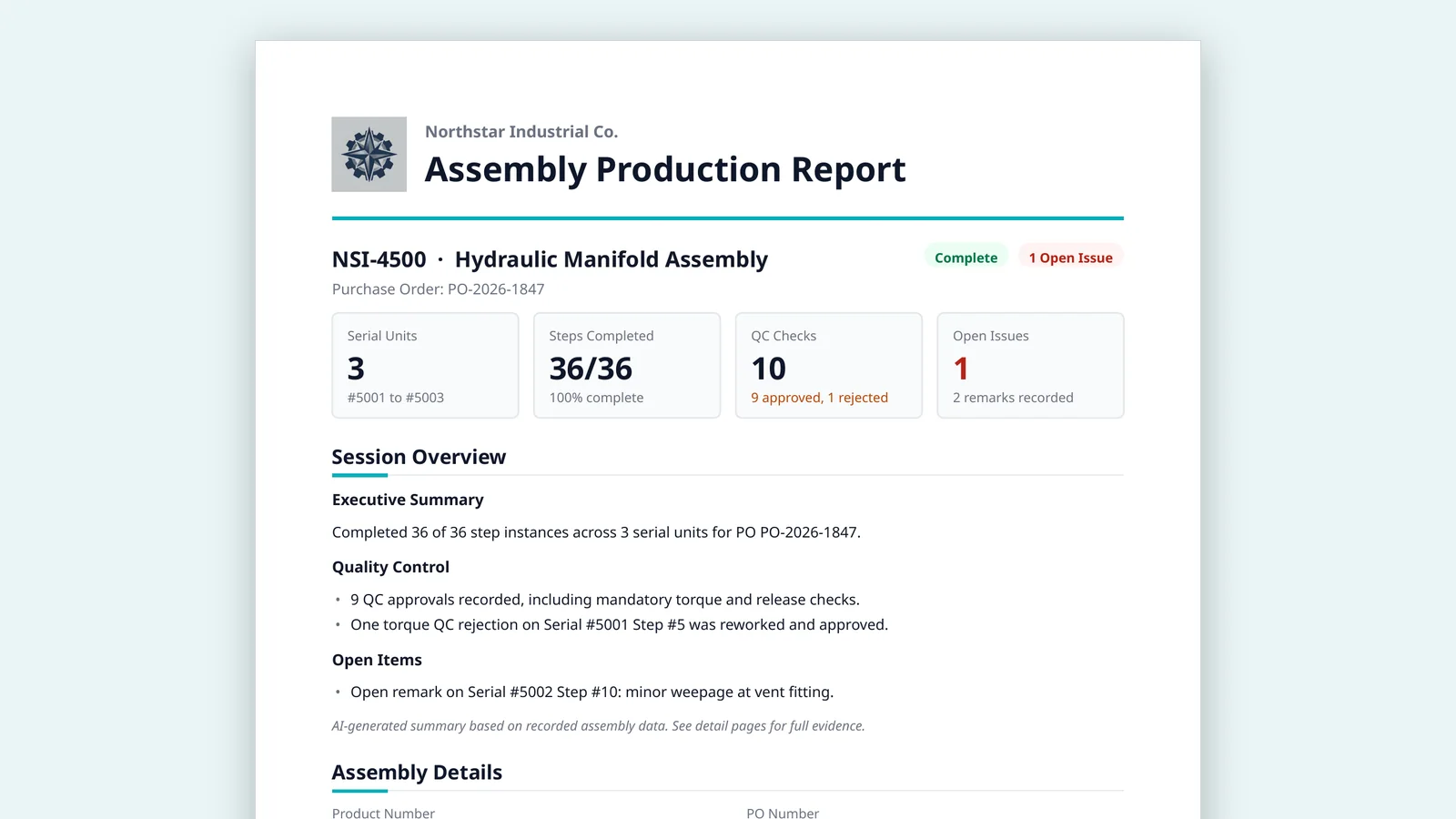 First page of the exported assembly production report for NSI-4500: serial units, steps completed, QC checks, open issues, and an AI session overview
