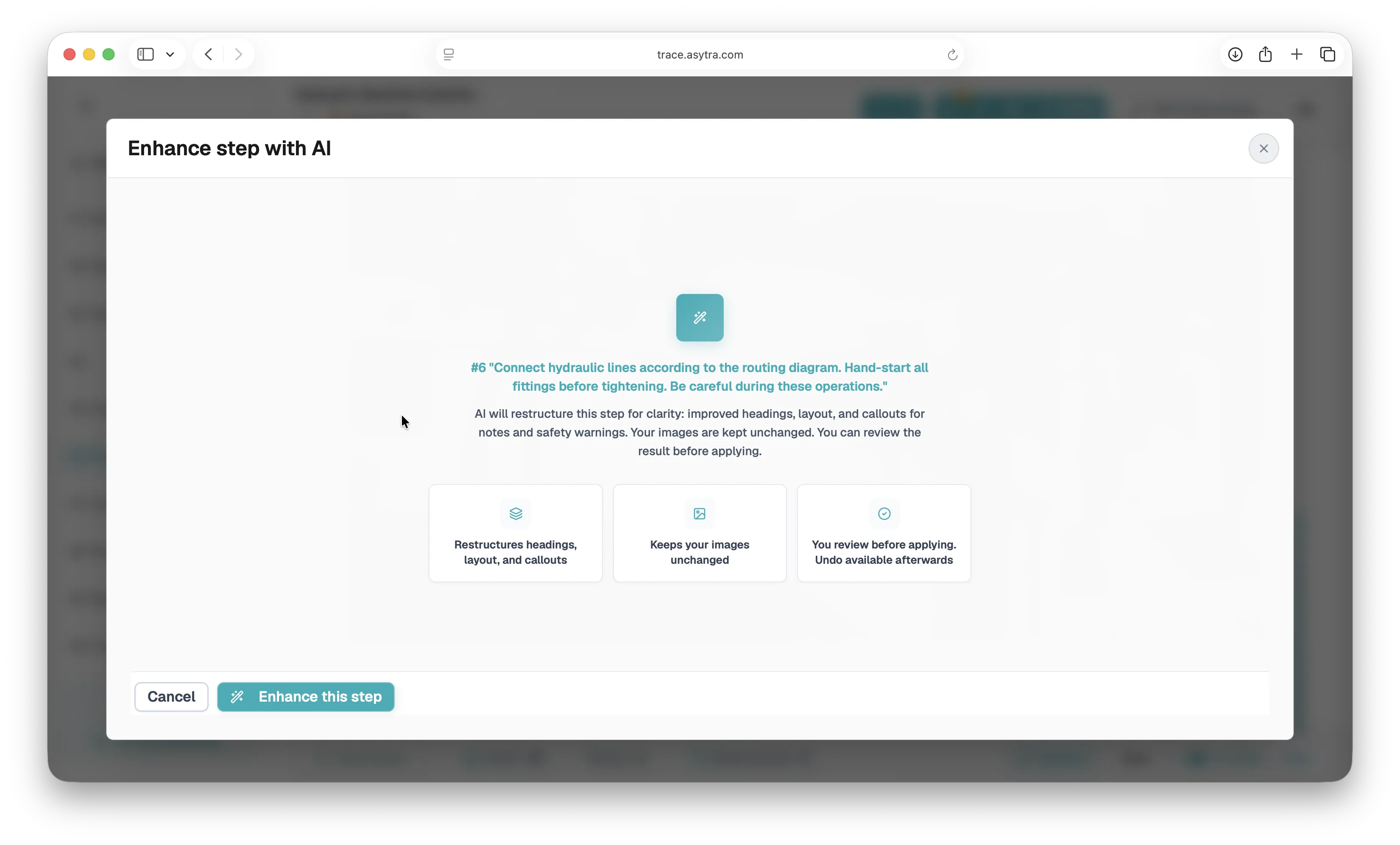 Trace Enhance instruction step with AI modal explaining the enhancement workflow