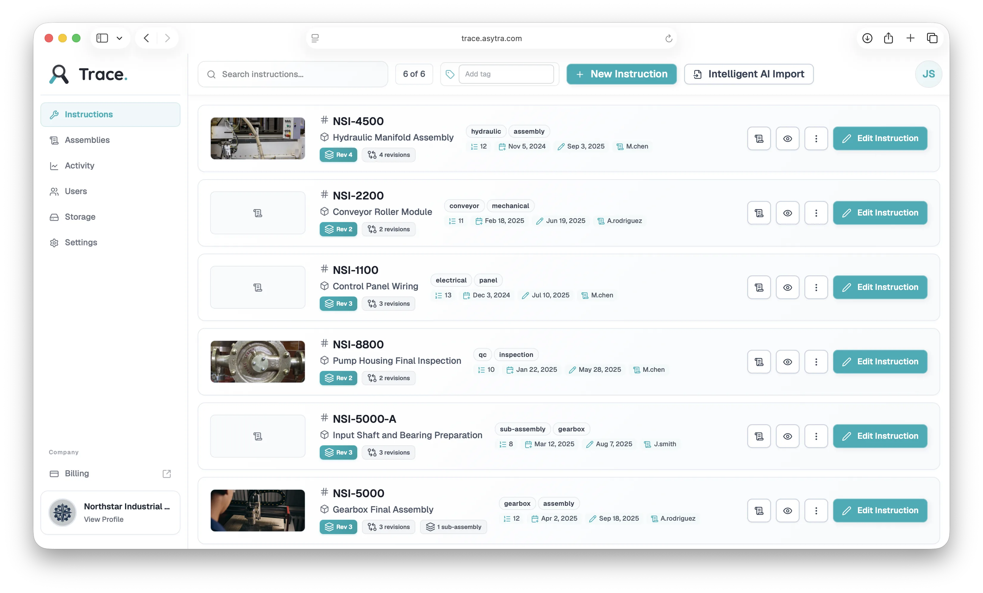 Trace instructions dashboard listing work instruction sets with revisions and tags