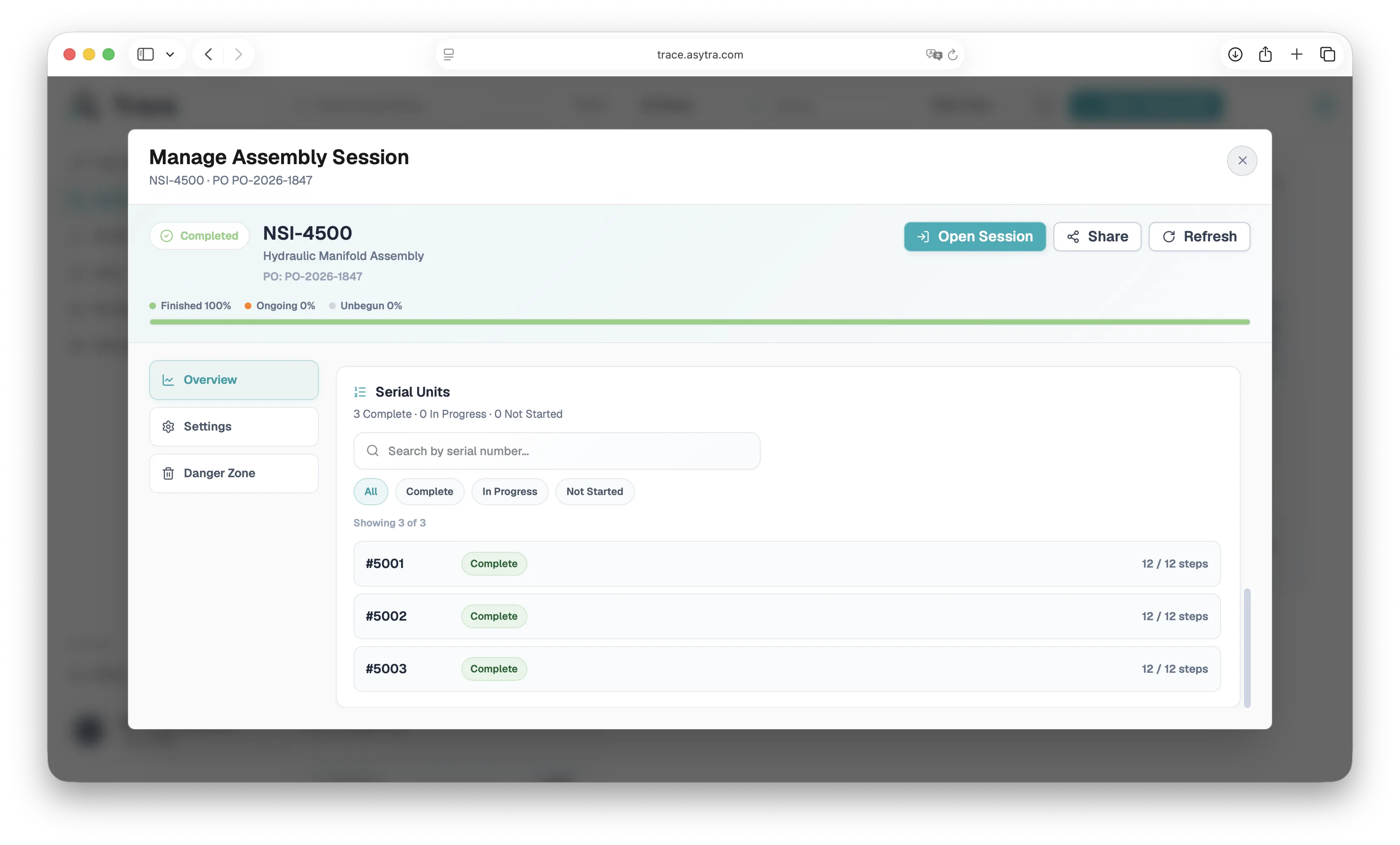 Trace assembly session showing per-serial instruction step status, QC outcomes, and recorded events