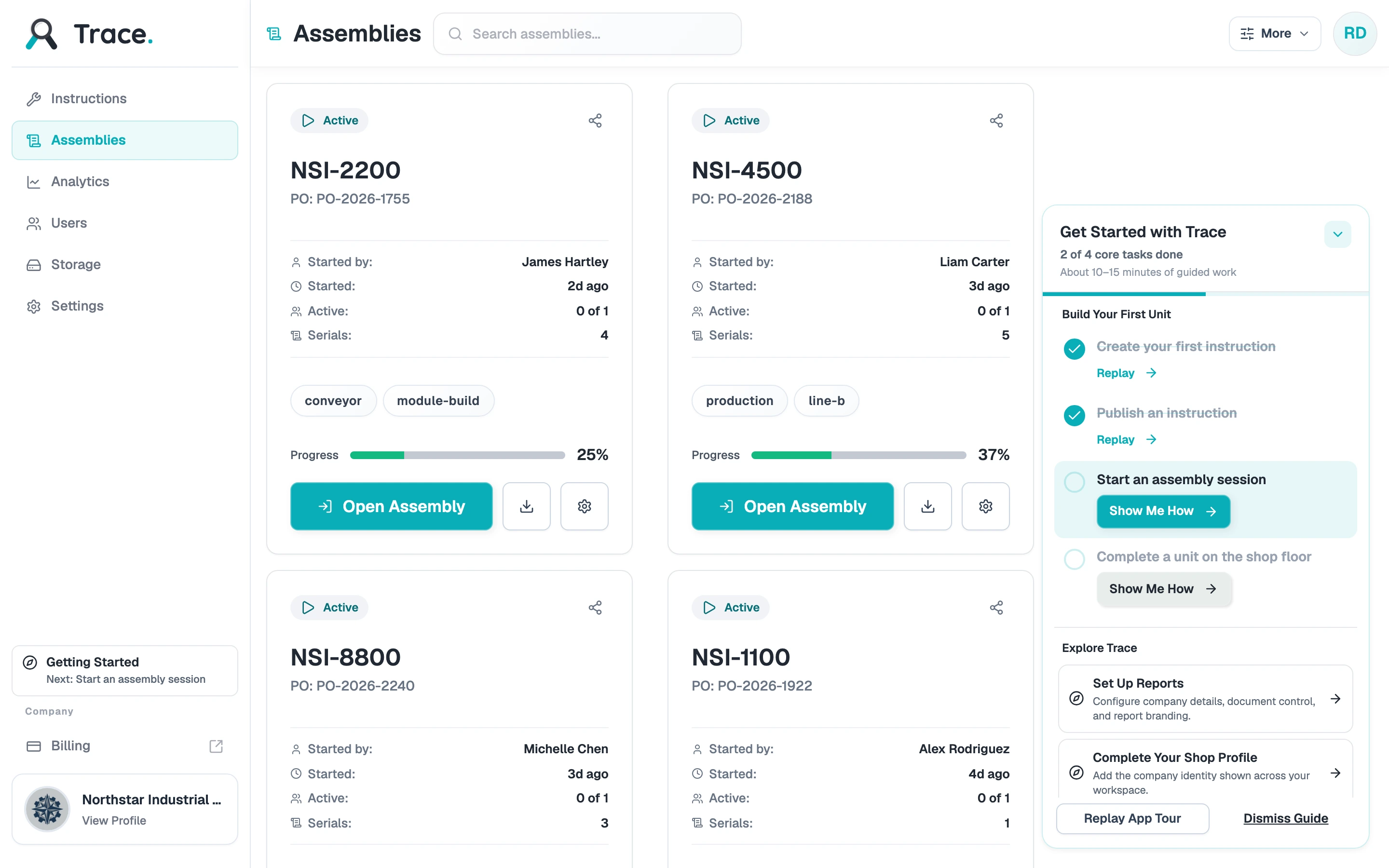 Trace Get Started checklist showing two of four core tasks done, with Show Me How on starting an assembly session