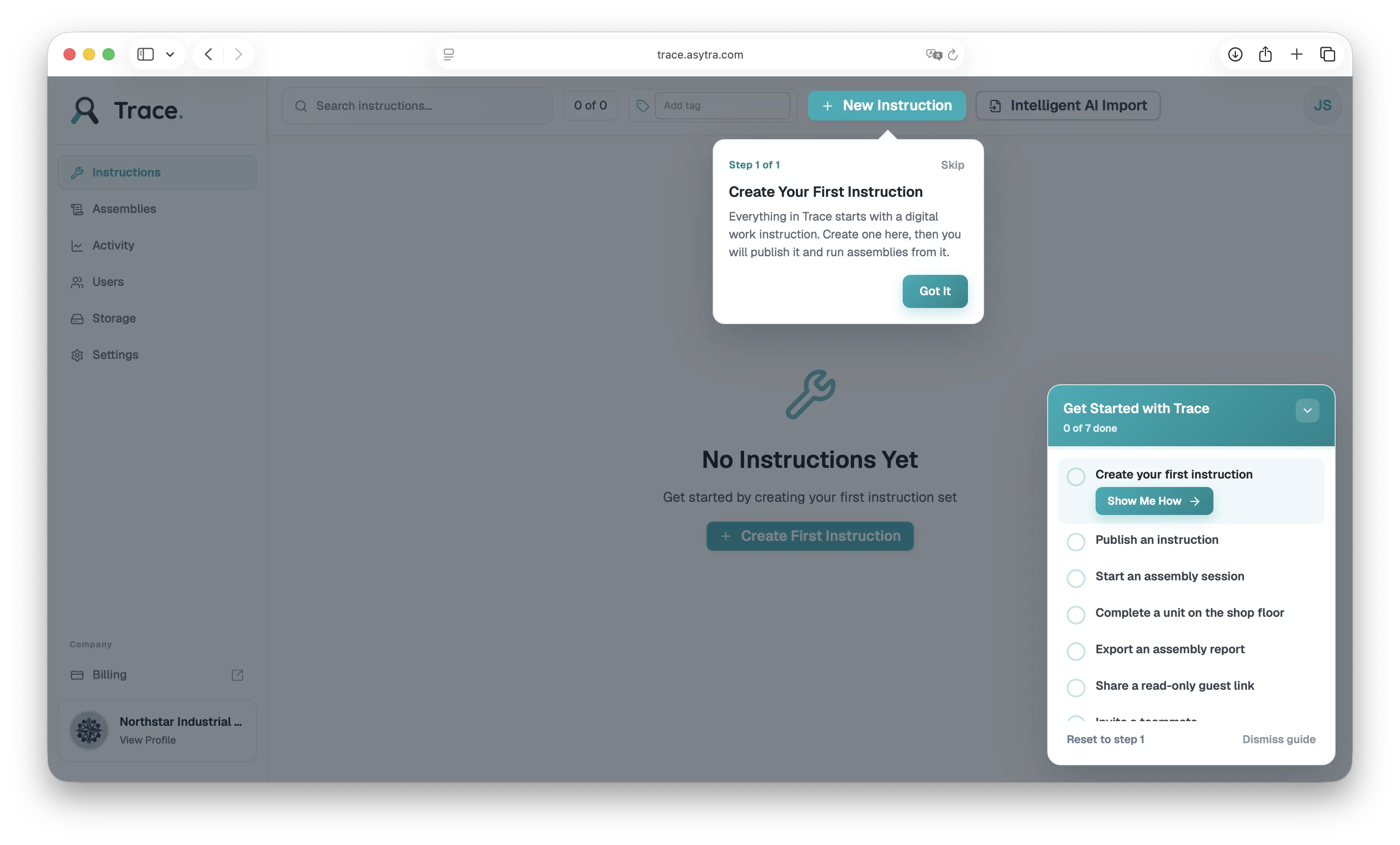 Trace onboarding checklist suggesting create new instruction as the first step