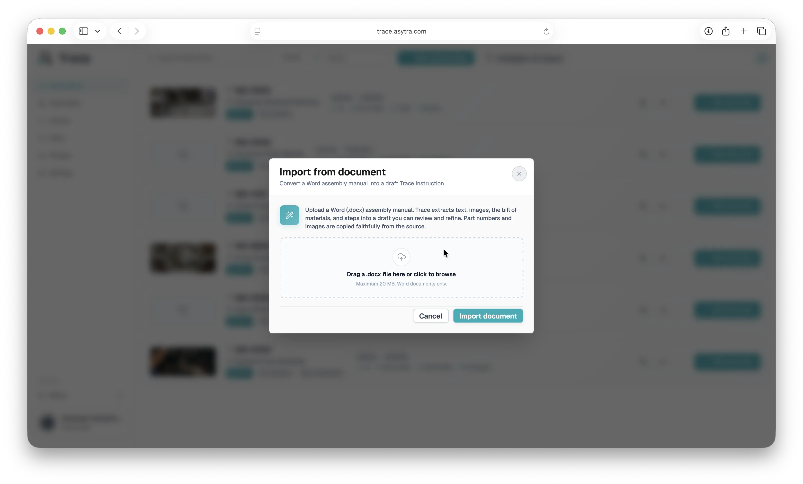 Trace import from document modal for uploading a Word assembly manual