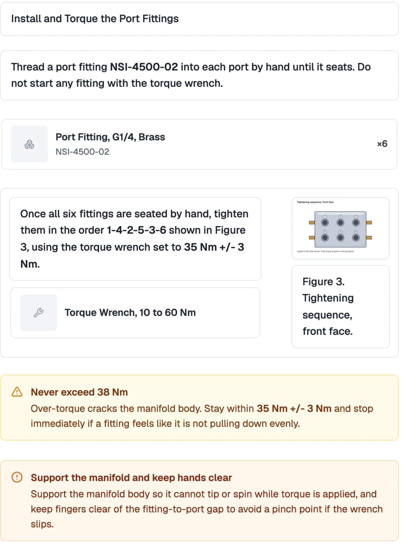 The same paragraph imported into Trace as the step Install and Torque the Port Fittings: a title, short instructions beside the figure, linked port fitting and torque wrench cards, a callout that says never exceed 38 Nm, and a second callout about supporting the manifold