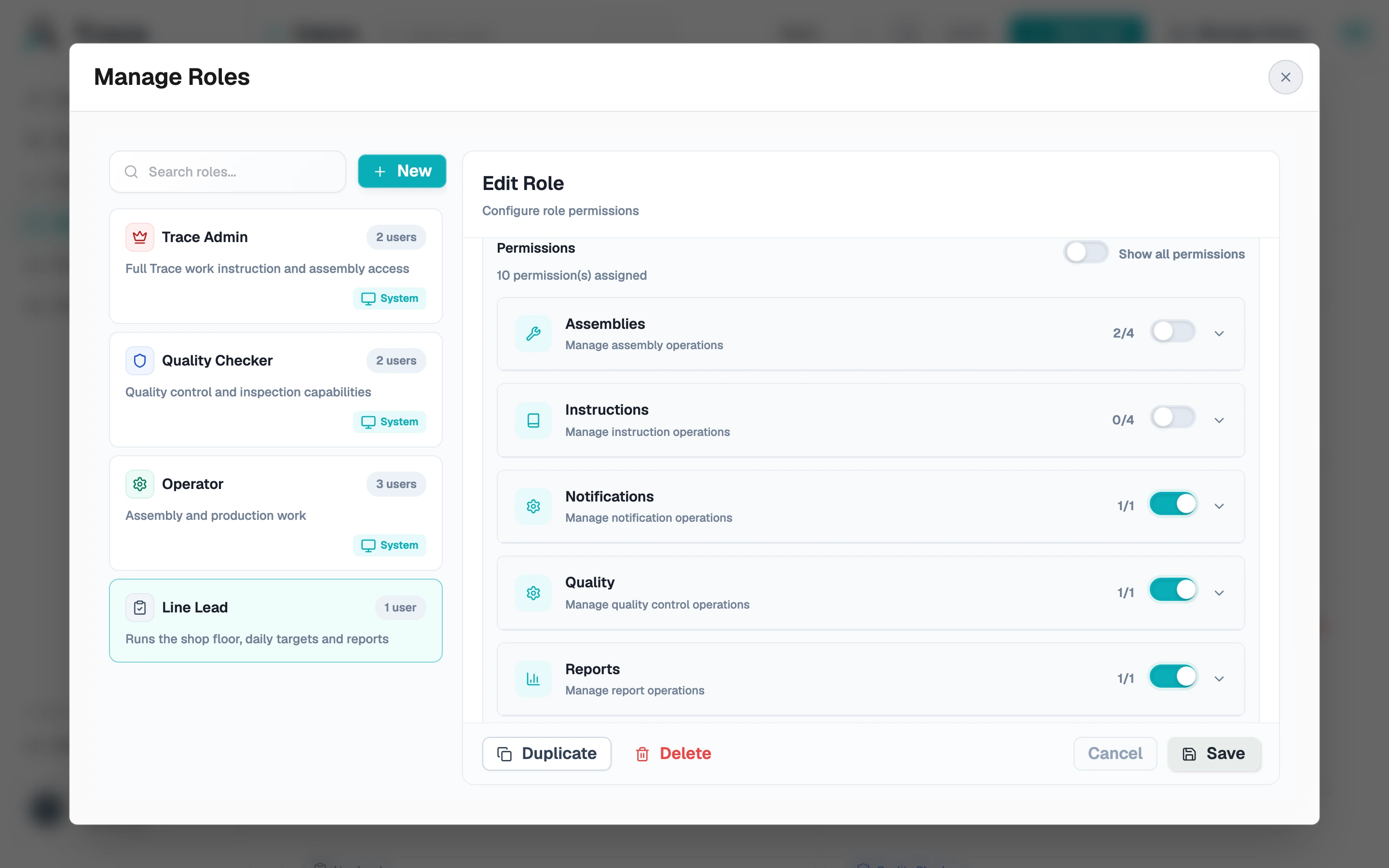 Trace role manager editing a custom Line Lead role with grouped permissions