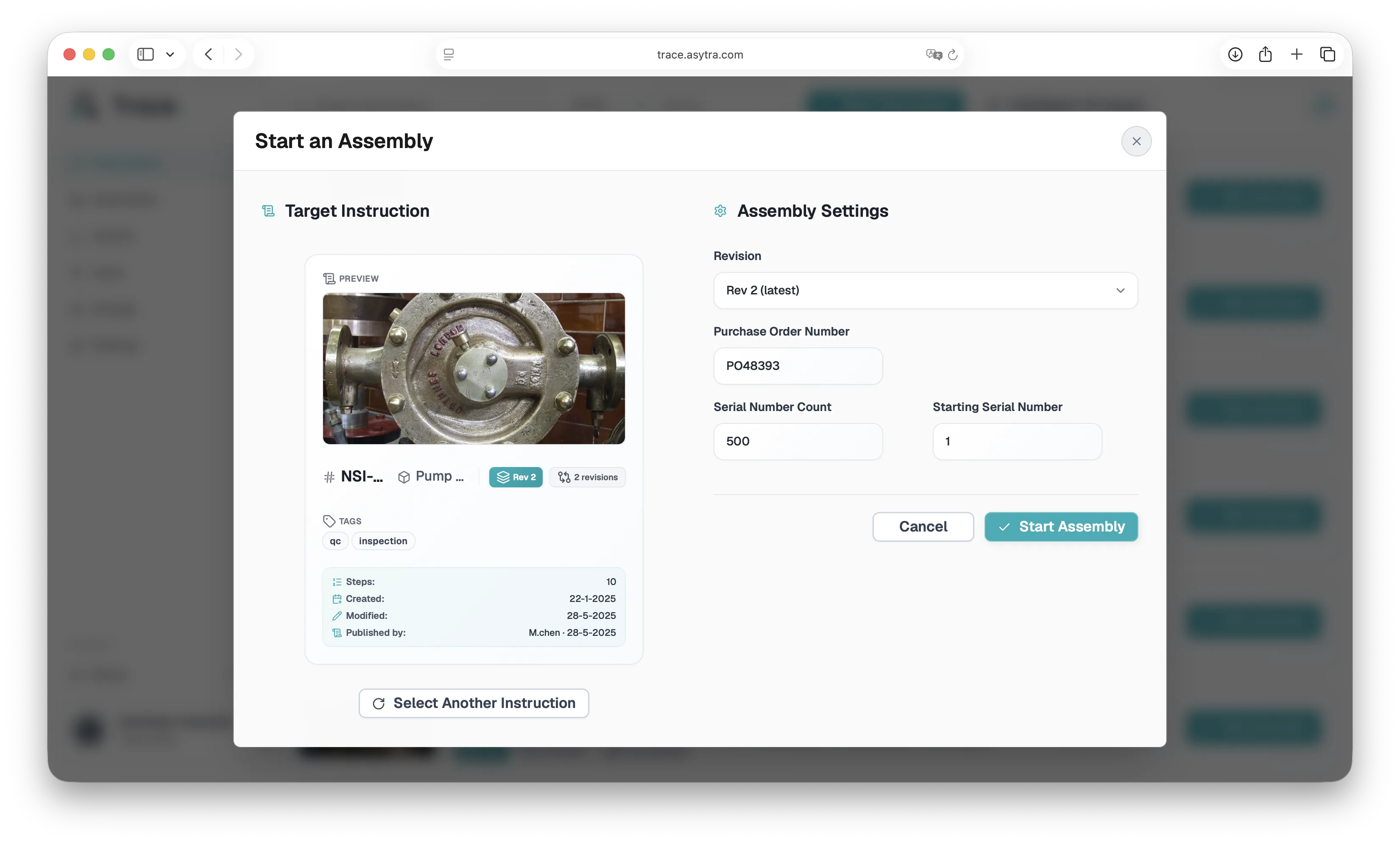 Trace start assembly modal with PO and serial number settings