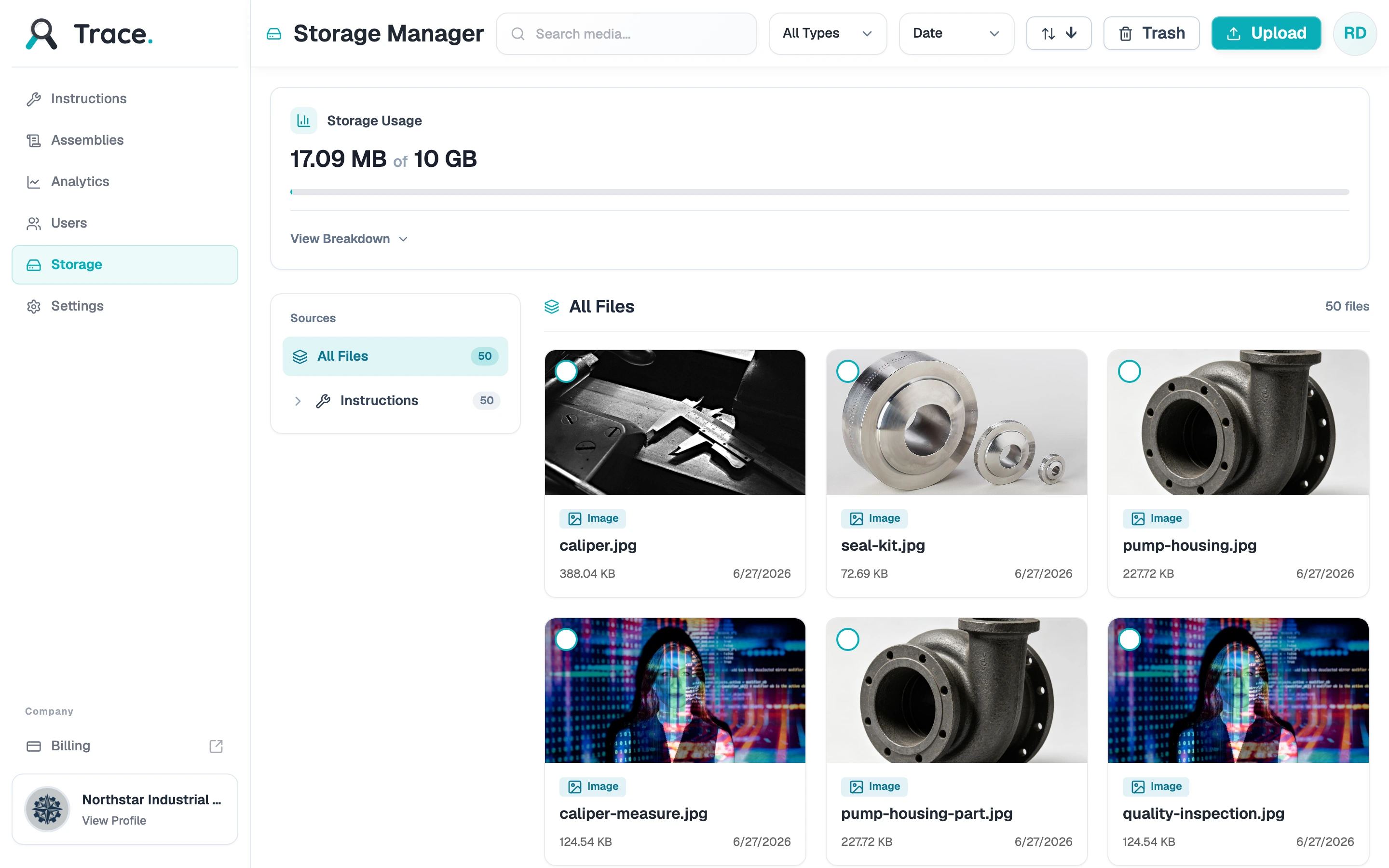 Trace storage manager with a usage meter and a grid of uploaded images